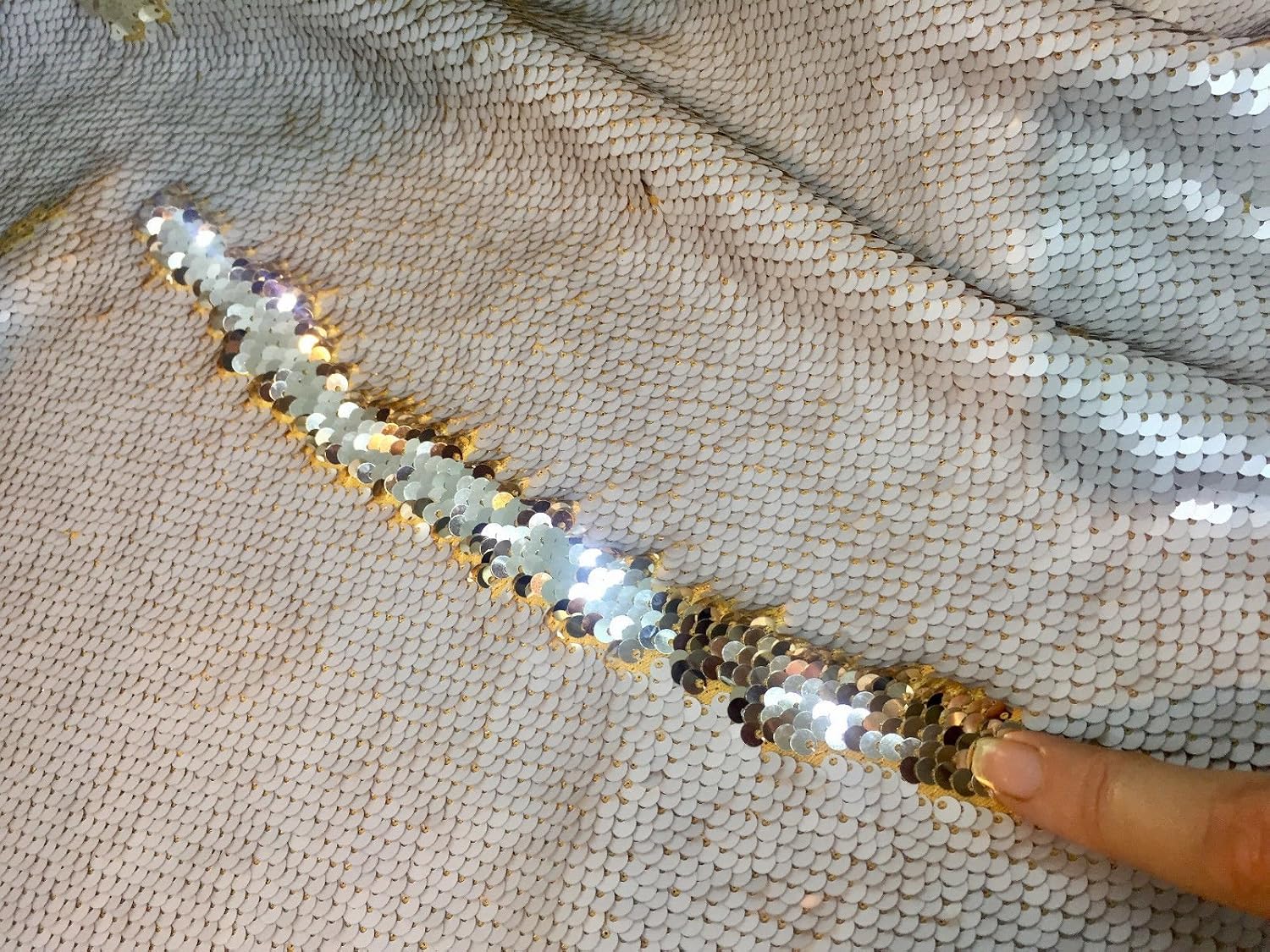5mm Reversible Sequin Fabric, Mermaid Sequins Material - Ivory & Champagne -130cm wide per 0.5 metre