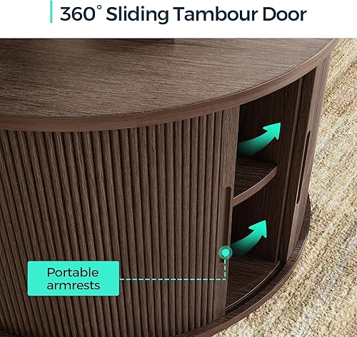 Miniatura 28 de LINSY HOME Mesa auxiliar redonda, mesa de centro de tambor de 31.5 pulgadas con puerta corrediza de tambor, mesa central acanalada con Roble,Oval