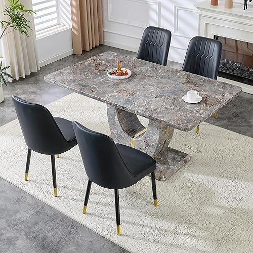 Miniatura 43 de JUFU Juego de mesa de comedor moderno para 6, juego de mesa de cocina de 63 pulgadas con mesa de mármol sintético y 4 sillas tapizadas de piel