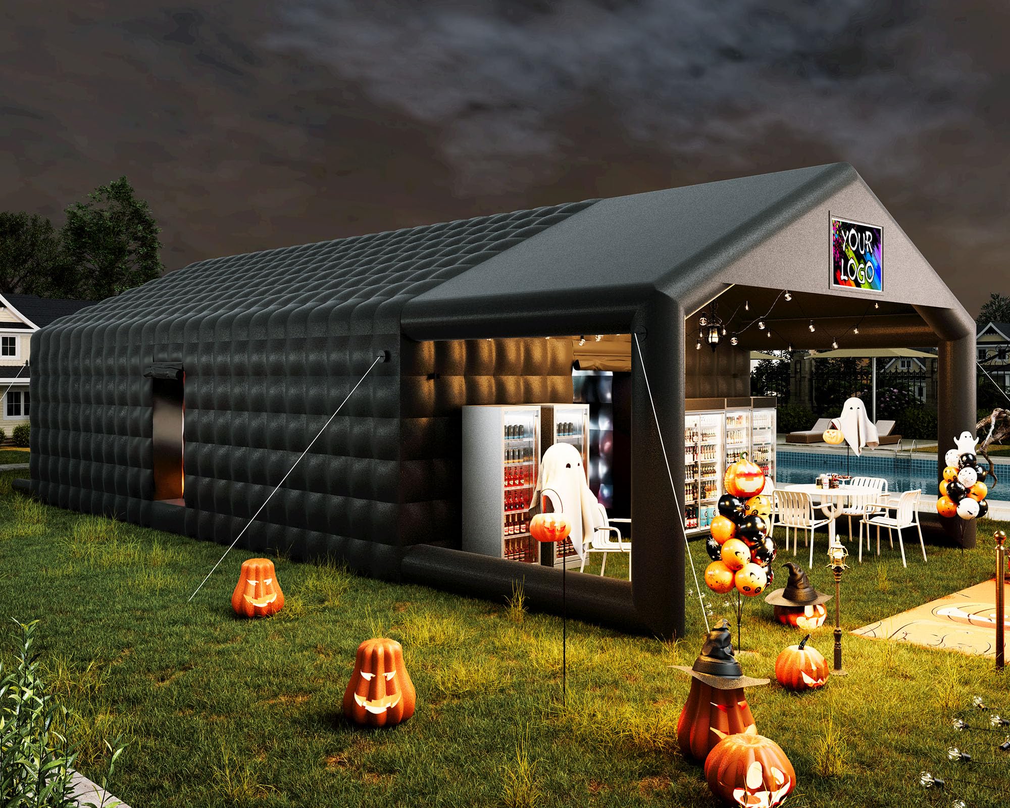 Albott 39x20x14 FT Large Black Inflatable Nightclub Tent for Adults with Pavilion Rest Area, Black Inflatable Night Club Gazebo with 2 Side Doors & Logo Area for Wedding, Birthday, Backyard Events