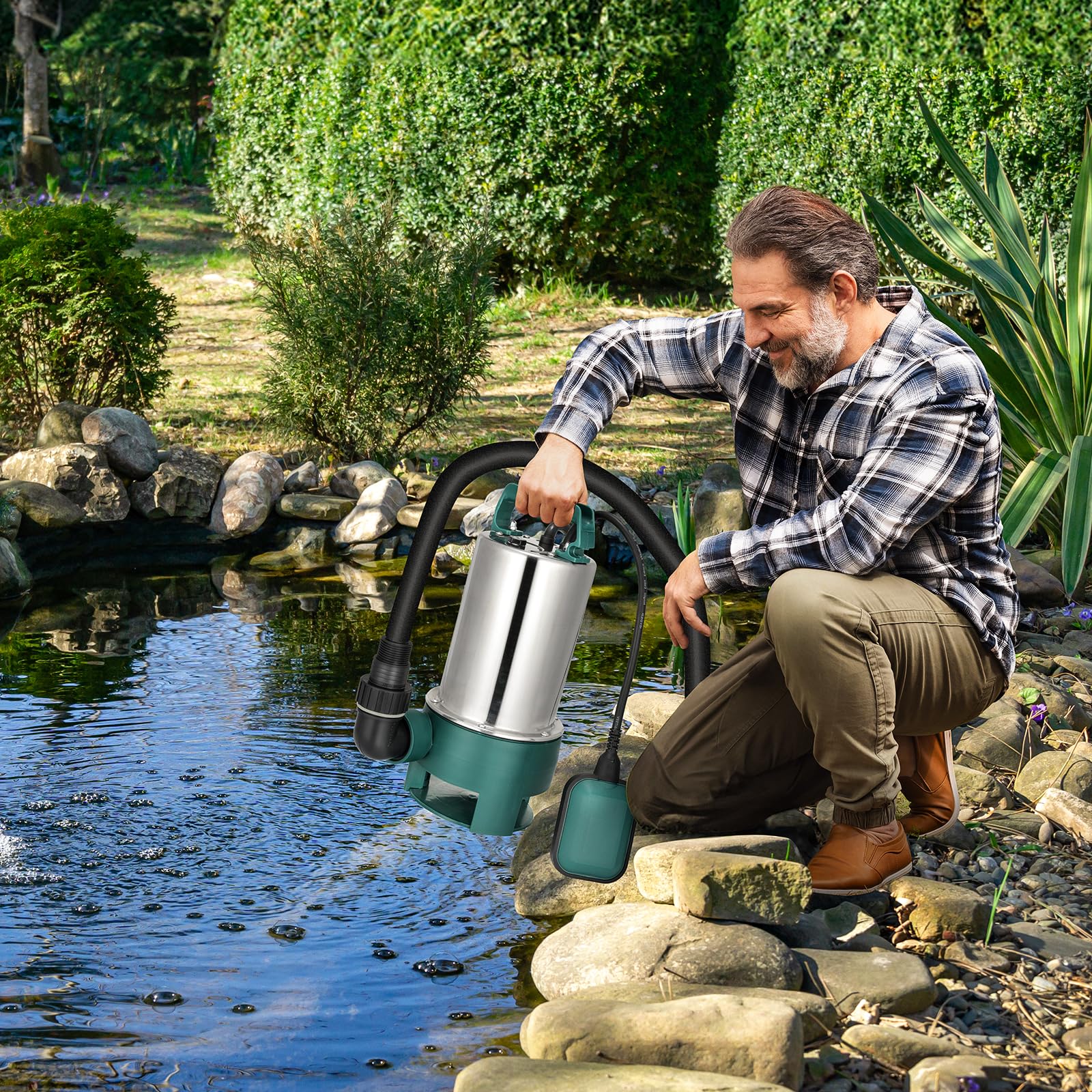 Bomba Sumergible Agua Sucia 1100 W (Máx.16500L/H,Cabezal Máx. 9,5m,Partículas Suciedad: 35mm) Bomba de Agua Sucia Autocebante,con Interruptor Flotador y Asa Transporte,para Piscinas,Estanques (Verde)