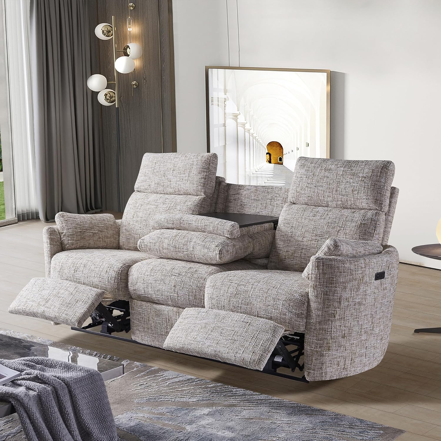 3-Seat Power Recliner Sofa with Adjustable Footrests, 2 Built-in Cup Holders, USB & Type-C Charging Ports, Comfortable Lounge Chair for Living Room & Home Theater (Beige, Sofa)