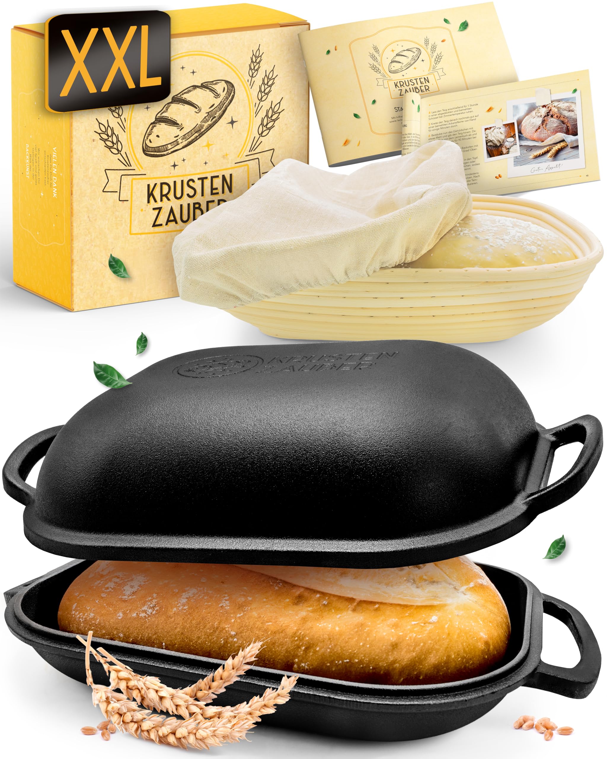 KRUSTENZAUBER Stampo per pane da 40 cm con coperchio in ghisa con cestello per lievitazione – Robusta pentola in ghisa – ideale per pane fatto in casa, pentola in ghisa, cast iron pot