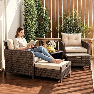 LHBcraft 5 Piece Patio Furniture Set, PE Wicker Outdoor Furniture Set with Soft Cushions & Coffee Table, Outdoor Lounge Chairs with Ottoman for Porch, Lawn, Balcony, Khaki-Beige