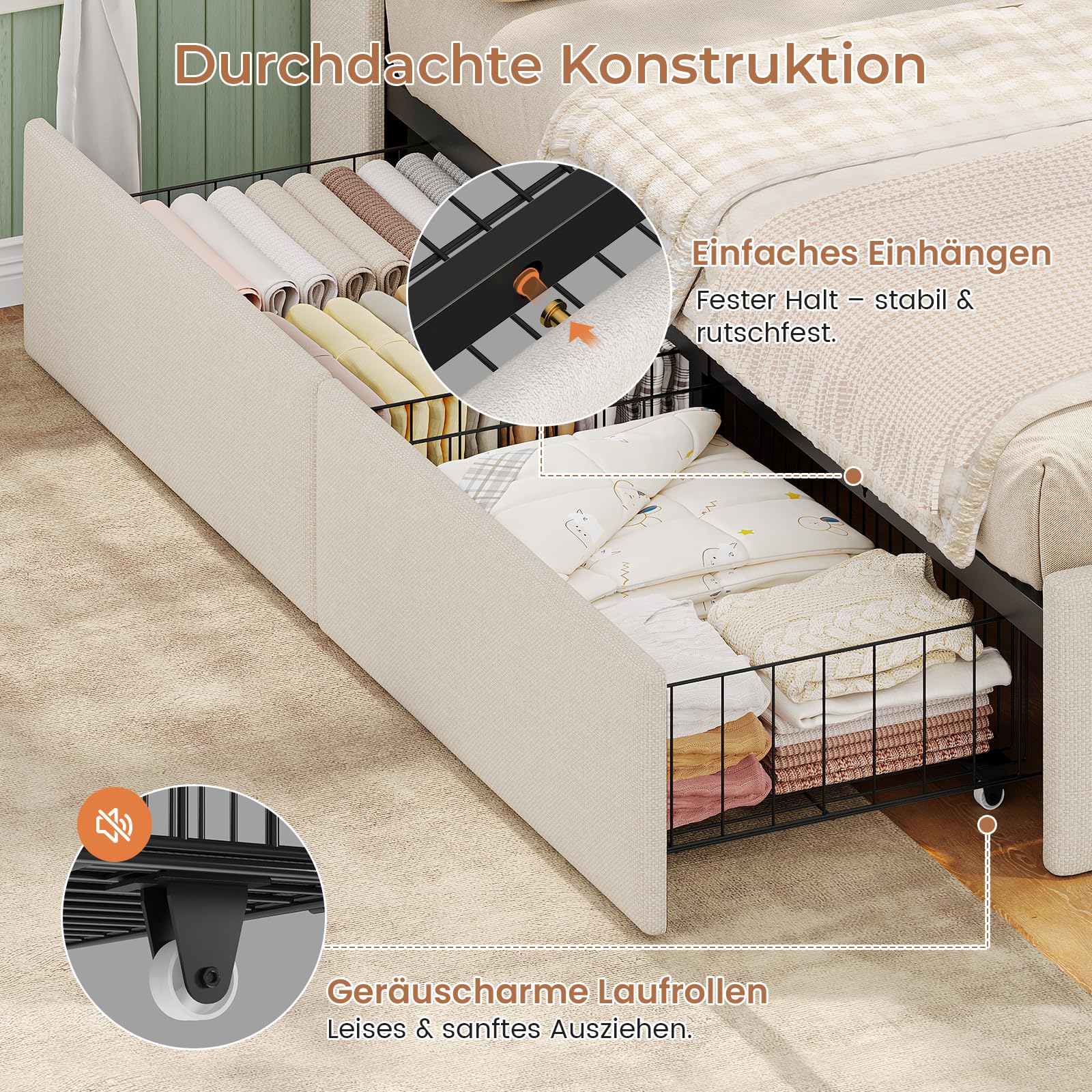 AOGLLATI Polsterbett Schlafsofa 140x200 mit Stauraum(Beige, 140x200cm)