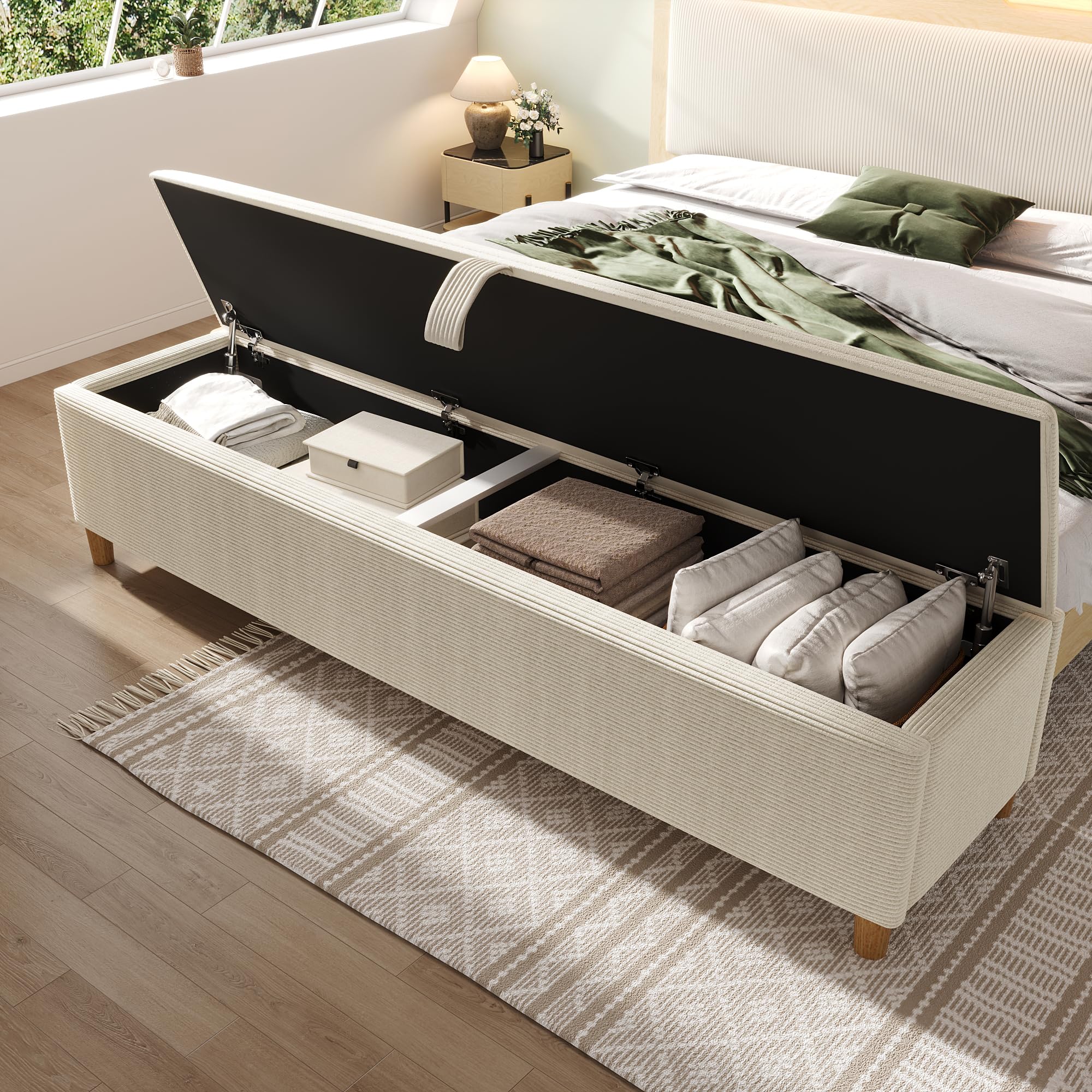 SACOOL Panca da letto con vano portaoggetti 165 x 38 cm, con vano portaoggetti idraulico, adatta per camera da letto, soggiorno e corridoio, effetto velluto a coste beige.