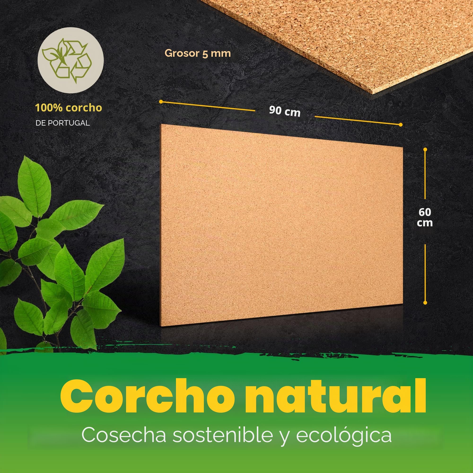Plancha de corcho prensado, autoadhesiva, con adhesivo 3M, 900 x 600 mm (90 x 60 cm), 5 mm de grosor, para tablón de anuncios, revestimiento de pared y decoración