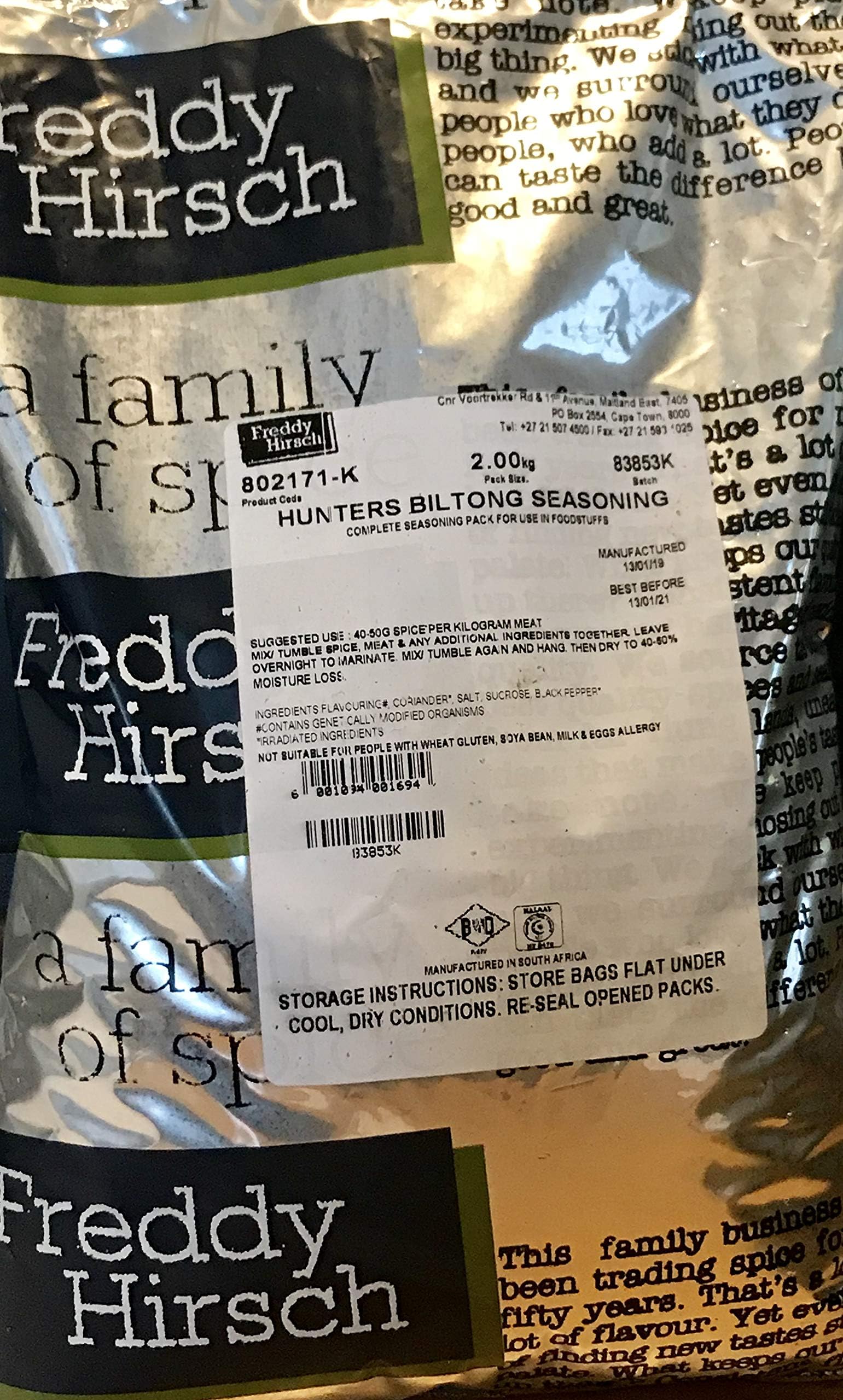 Hunters Biltong Spice, Freddy Hirsch 2kg- South African Spices for Biltong