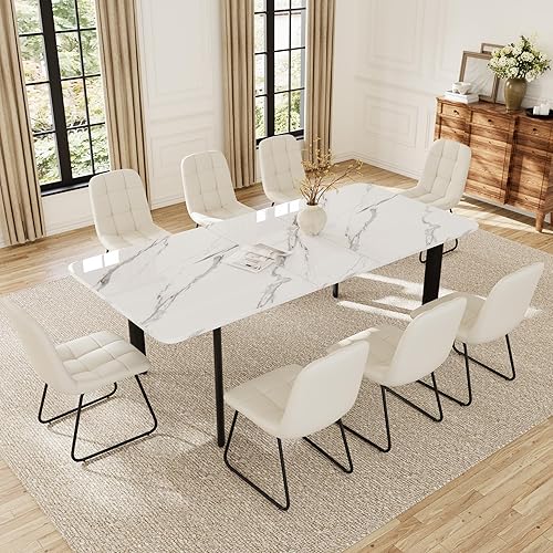 Miniatura 15 de Juego de mesa de comedor extensible para 6-8 personas, mesa de cocina MDF de 63 a 78.7 pulgadas con 6 sillas tapizadas, ahorro de espacio para Mesa