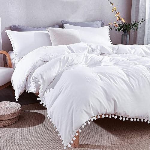 Andency Pom Pom Fringe Duvet Cover Queen Size (90x90 Inch), 3 Pieces (1 Solid White Duvet Cover, 2 Pillowcases) Soft Washed Microfiber Duvet Cover Set with Zipper Closure, Corner Ties