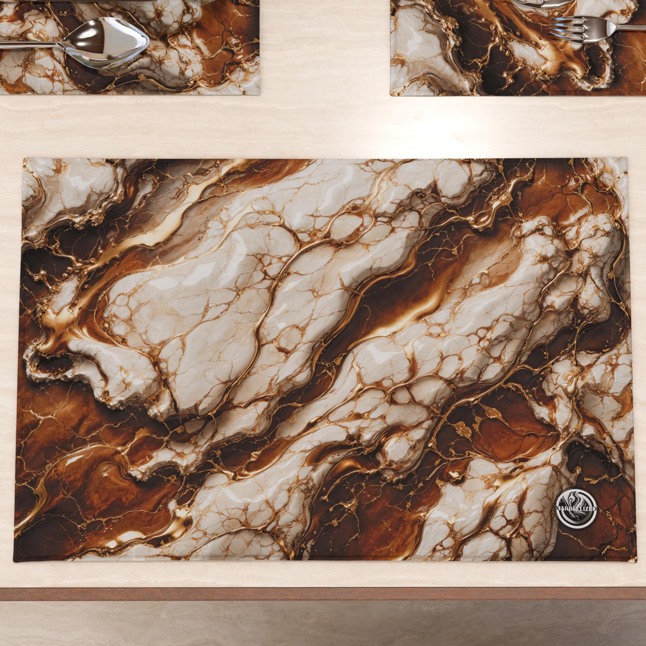 MARBLELIZED, Washable American Placemats, Brown Marble Effect Fabric Placemats, Set of 2 (30 x 45 cm), Elegant