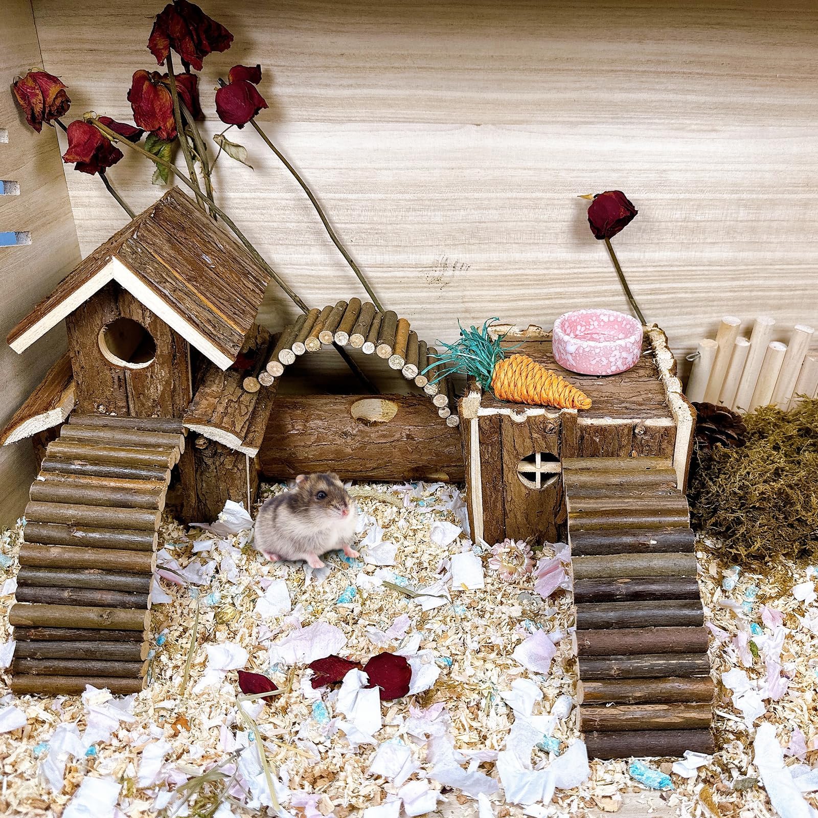 Hamiledyi Natürlicher Holz-Hamster-Tunnel, Spielplatz, Kleintiere, Mehrraum-Versteckhäuser, Häuser mit Kletterleitern und Brücke für Zwerghamster, Mäuse und andere Kleintiere, 47 x 22 x 15 cm