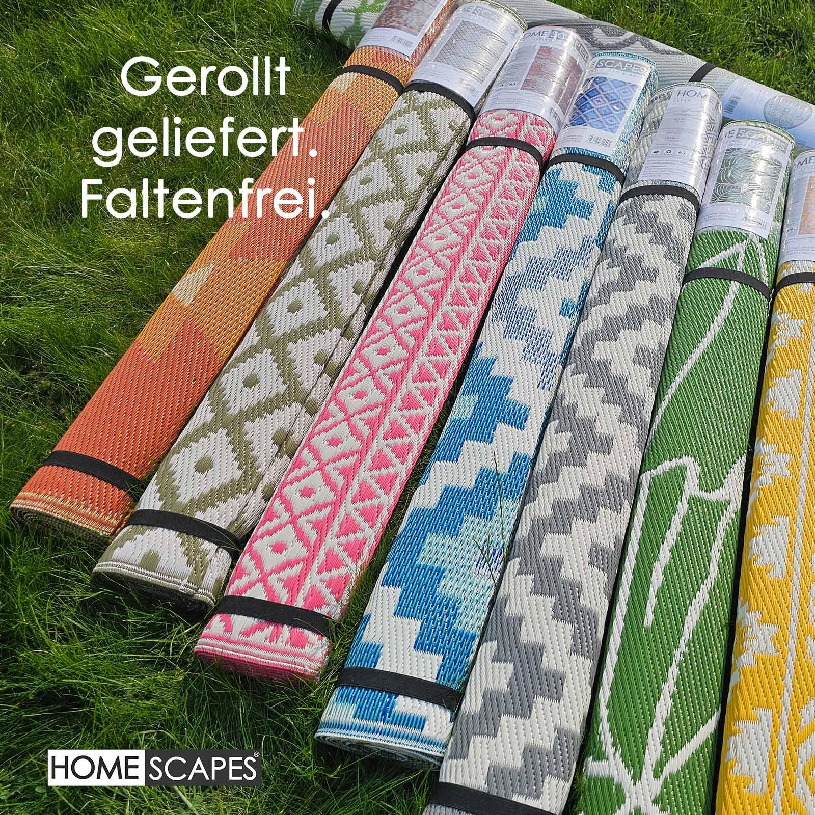 Homescapes Outdoor Teppich wetterfest – Anna Gartenläufer aus recyceltem Polypropylen, beidseitig verwendbar, gelb-weiß Gemustert, für Balkon, Terrasse, Garten, Camping & Indoor, 75x200 cm