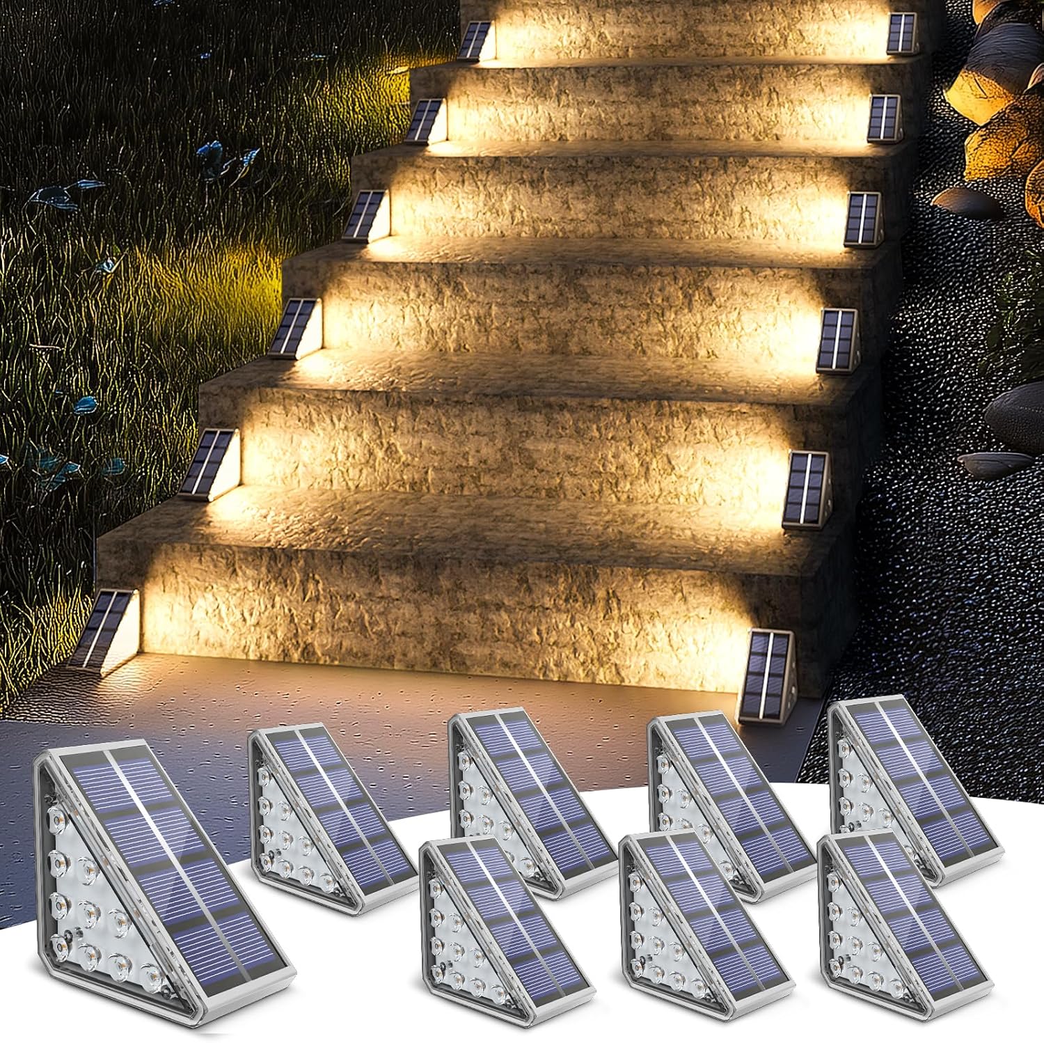 NIORSUN Solar Step Lights - 8 Pack Auto On/Off, Waterproof IP67, Warm White for Steps, Stair, Patio, Yard, Porch, Deck Decor