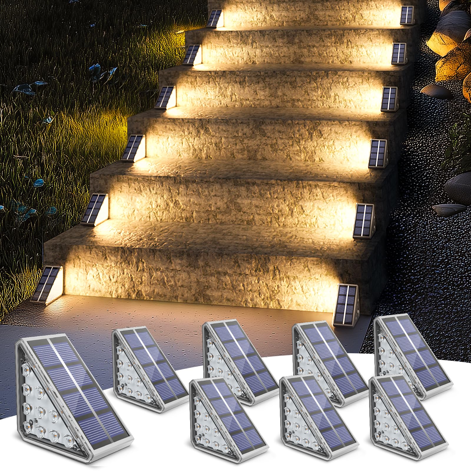 NIORSUN Outdoor Step Lights, 8 Pack Solar Stair Lights Outdoor Waterproof IP67 Auto On Off, Solar Lights for Steps,Stair,Patio,Yard,Porch,Front Door,Sidewalk,Deck Decor,Warm White