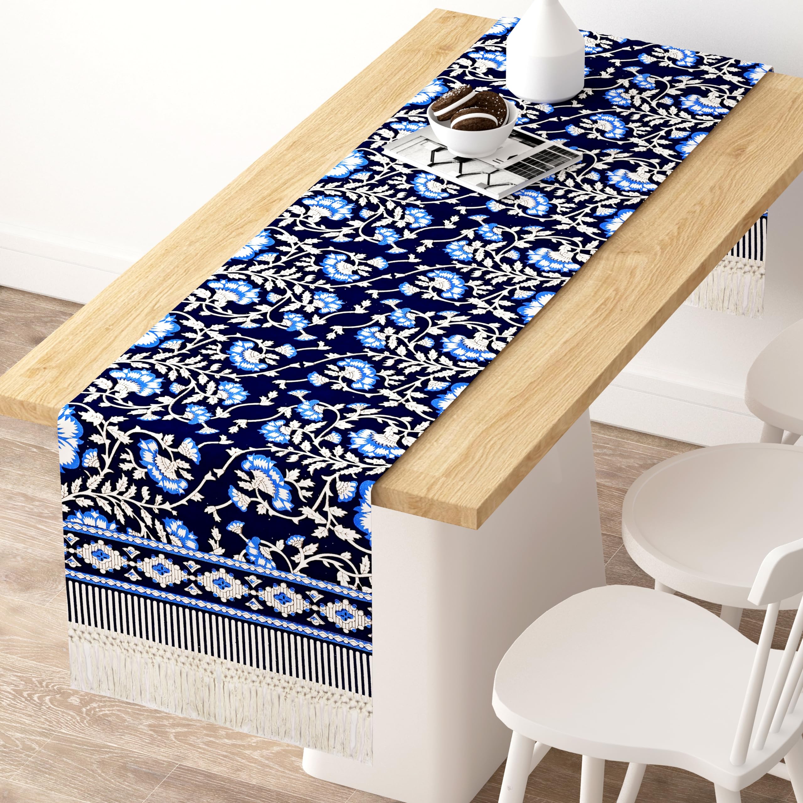 Navy Blue and White Floral Table Runner, 40 x 182 cm, 100% Cotton Decorative Border (Blue)-image-20