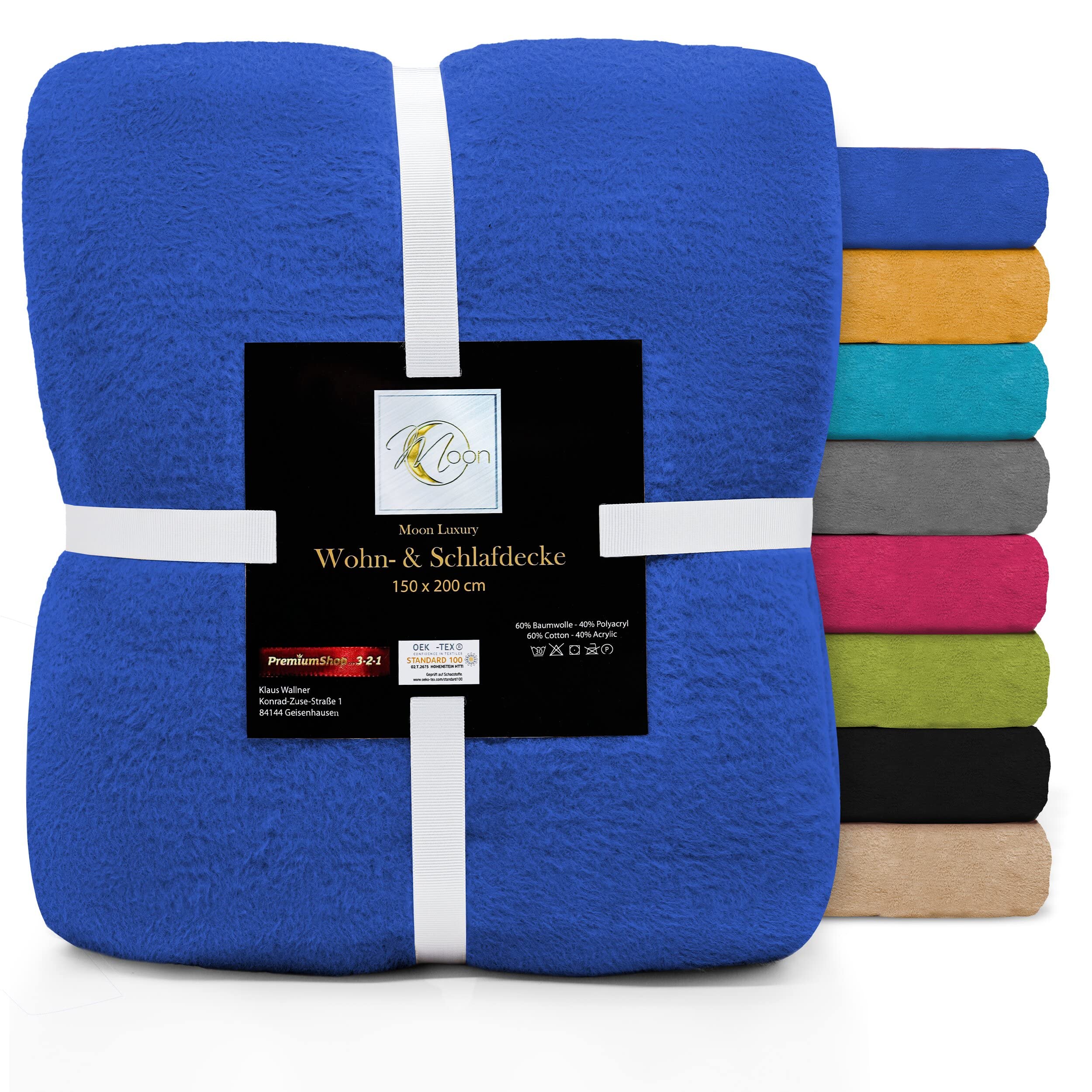 Moon Luxury Couverture douillette unie en mélange de coton (60 %/40 %), env. 150 x 200 cm, avec bord remaillé (bleu)