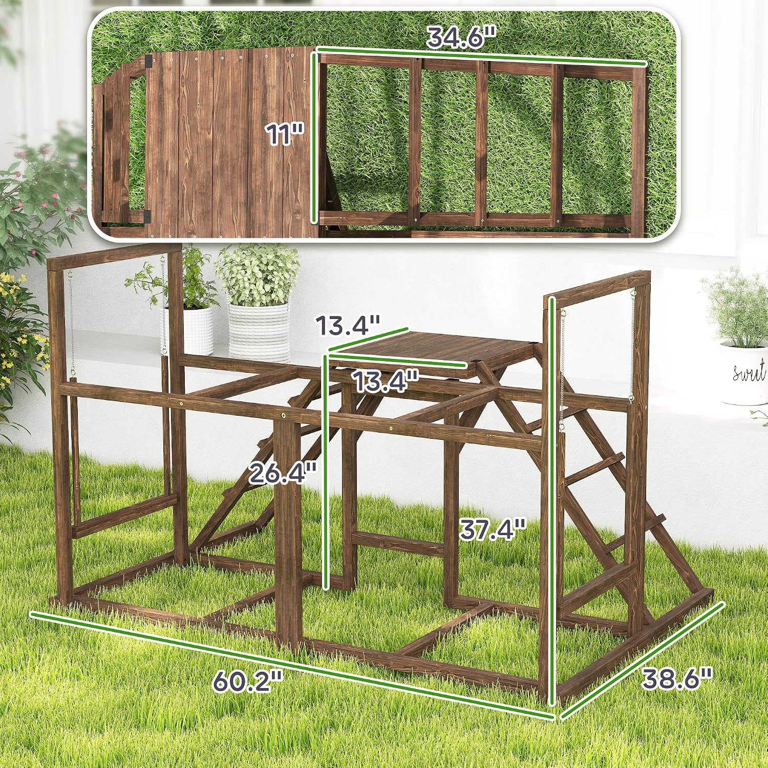 Natural Fir Wood Chicken Activity Center with Swings, Ladders, Perches and Elevated Platform for Enriched Poultry Living Space