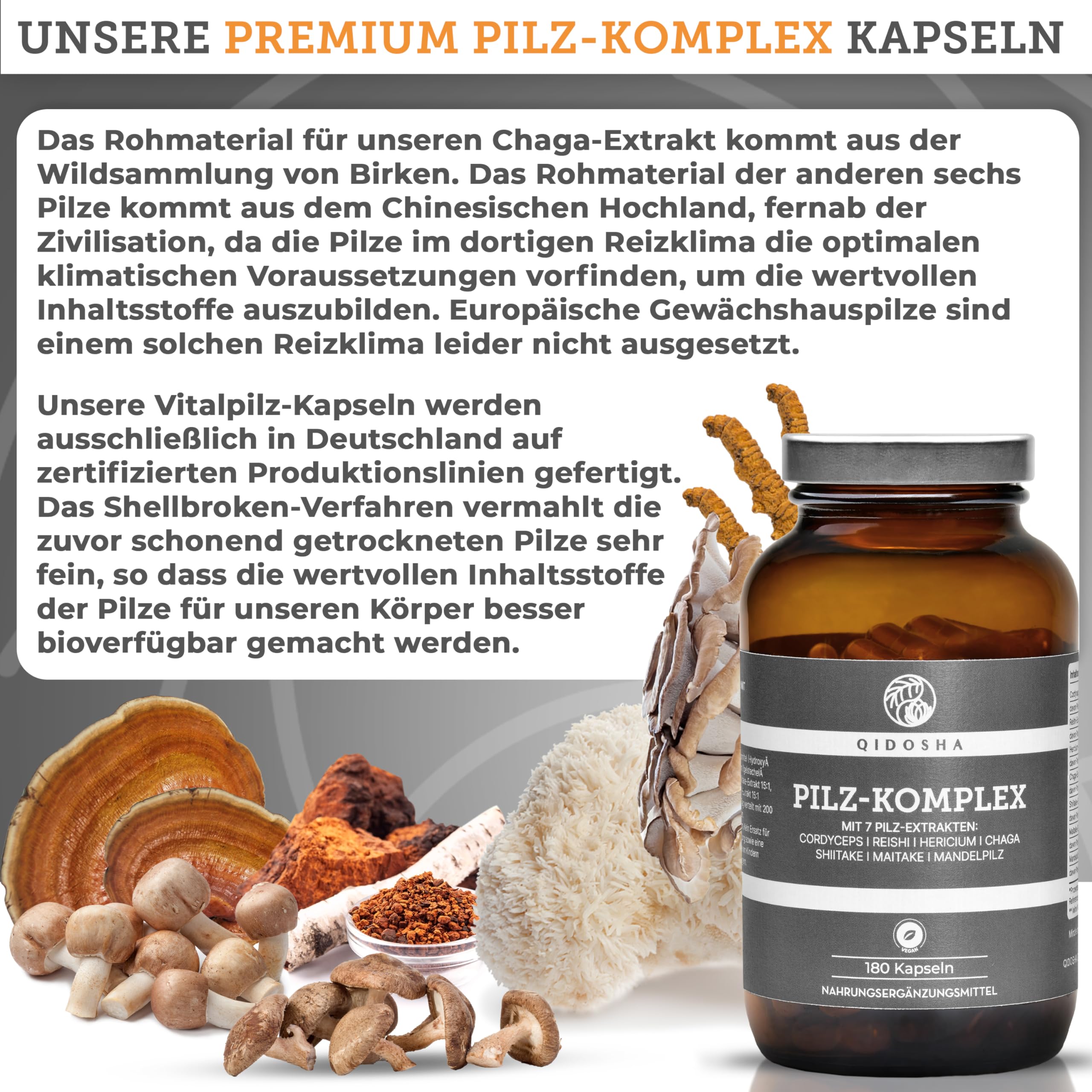 QIDOSHA® Pilz Komplex Kapseln, 180 Stk im Apothekerglas, hochreine Dual-Extrakte aus den 7 Vitalpilzen Cordyceps, Reishi, Hericium, Chaga, Maitake, Shiitake, Agaricus blazei (Mandelpilz), vegan