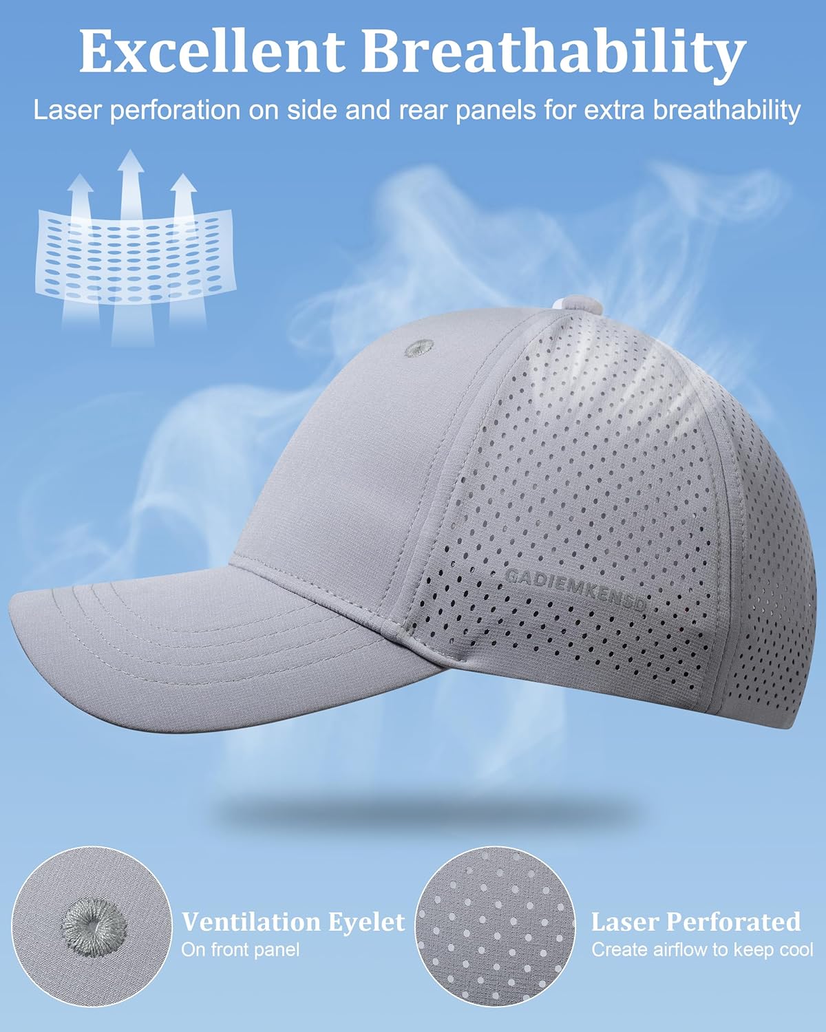 GADIEMKENSD Quick Dry Baseball Cap UPF 50+ Laser Cut Mesh Ball Curved Brim Adjustable Snapback Hat - Image 2