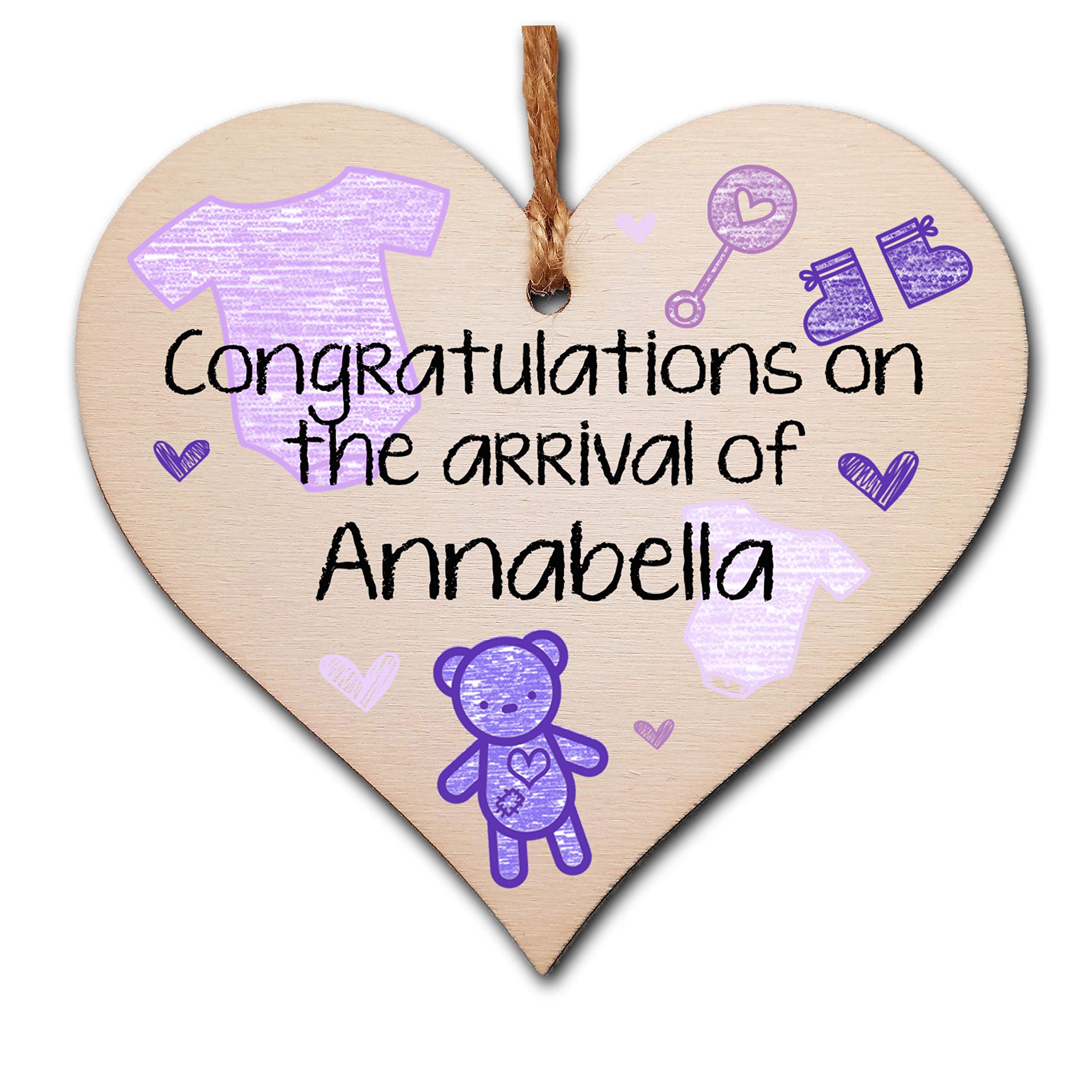 Personalised Handmade Wooden Hanging Heart Plaque Gift Congratulations on the arrival of new baby new parents present lilac gender neutral nursery wall decoration crayon style โ image 1