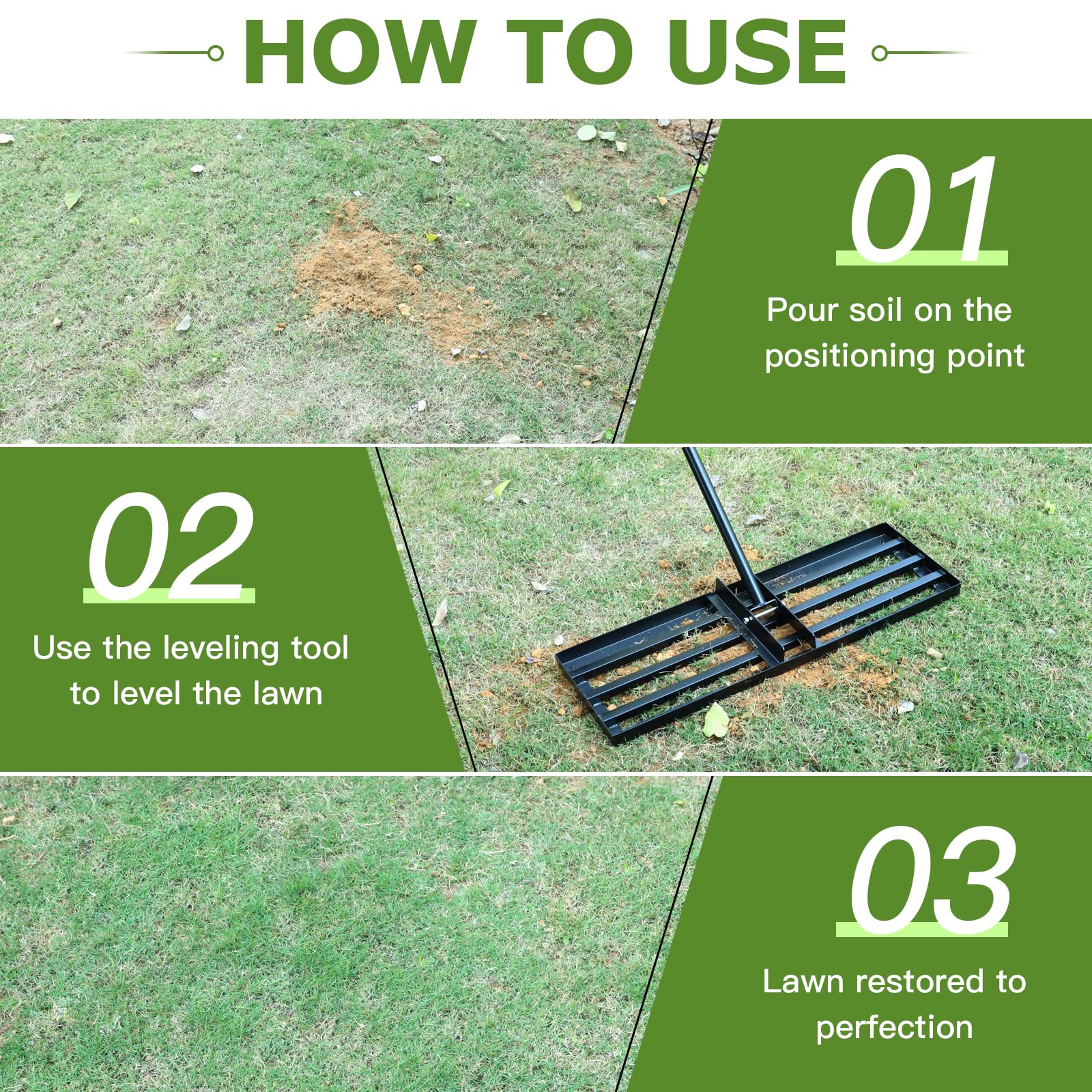 DBREAKS Rastrillo Nivelador de Césped, 75 x 26 x 182 cm, Herramienta Niveladora de Césped con Mango Ajustable, Nivelador de Suelo de Metal Resistente y Resistente al Óxido para Patio, Cancha de Golf