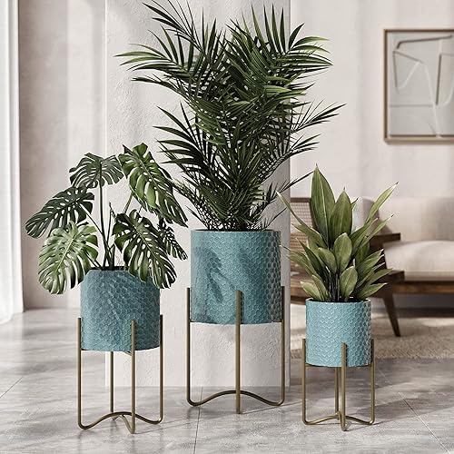 Miniatura 6 de EverNest Mid-Century Modern Rhys - Maceta en relieve de panal con soporte Ambrose, macetas de metal para interiores, estilo bohemio azul y verde