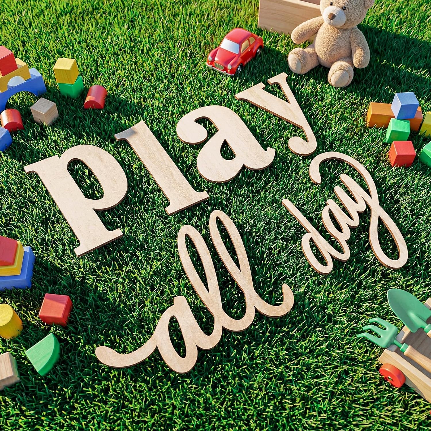 Kigley 17 Inch Play All Day Nursery Sign Wooden Playroom Wall Decor Play All Day Playroom Wall Plaques Decoration for Kids Toddler Nursery Room Home Classroom Decor (Natural)