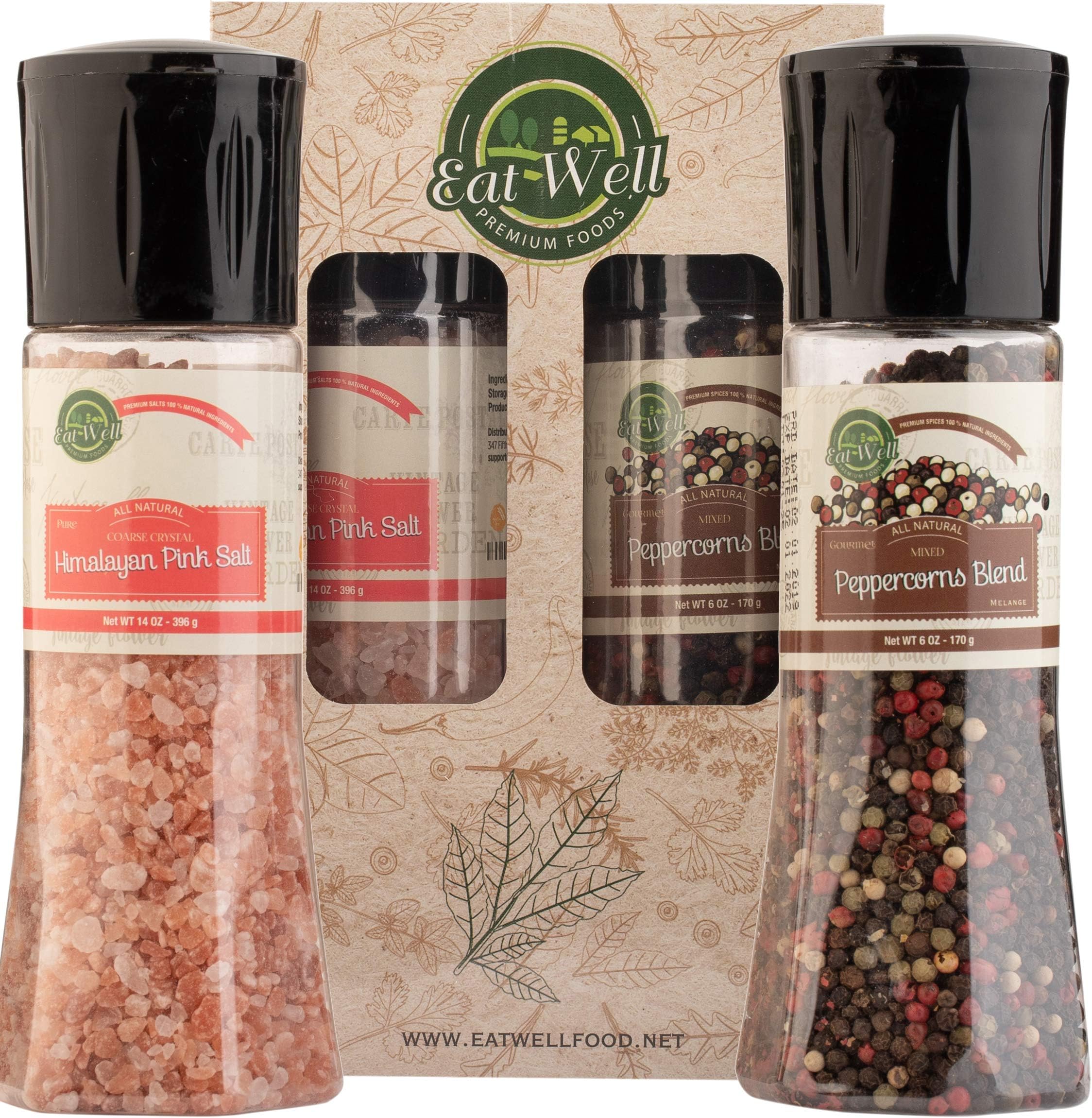 Four Peppercorns Blend Grinder (6oz / 170 g) - Pink Himalayan Salt Grinder (14 oz / 396 g) | Whole Black, Pink, Green, White Multi Color Pepper Corns Grinders | Rainbow Peppercorns
