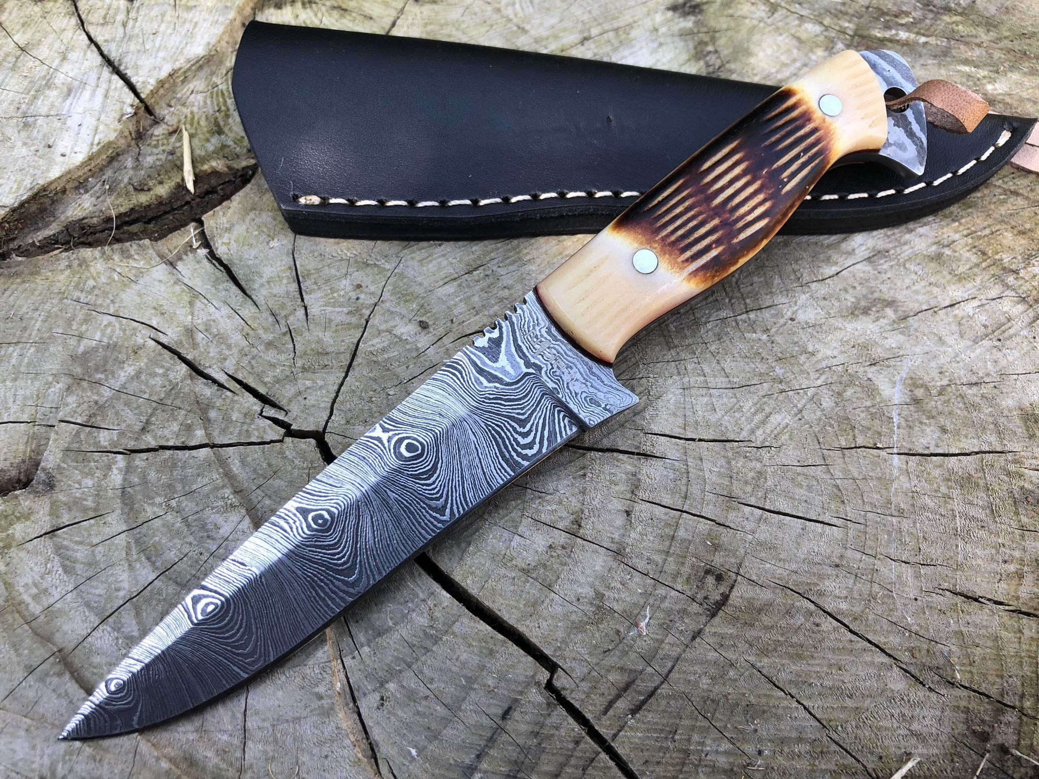 Perkin Damastmesser Jagdmesser Mit Scheide Scharf Bushcraft Messer SK100