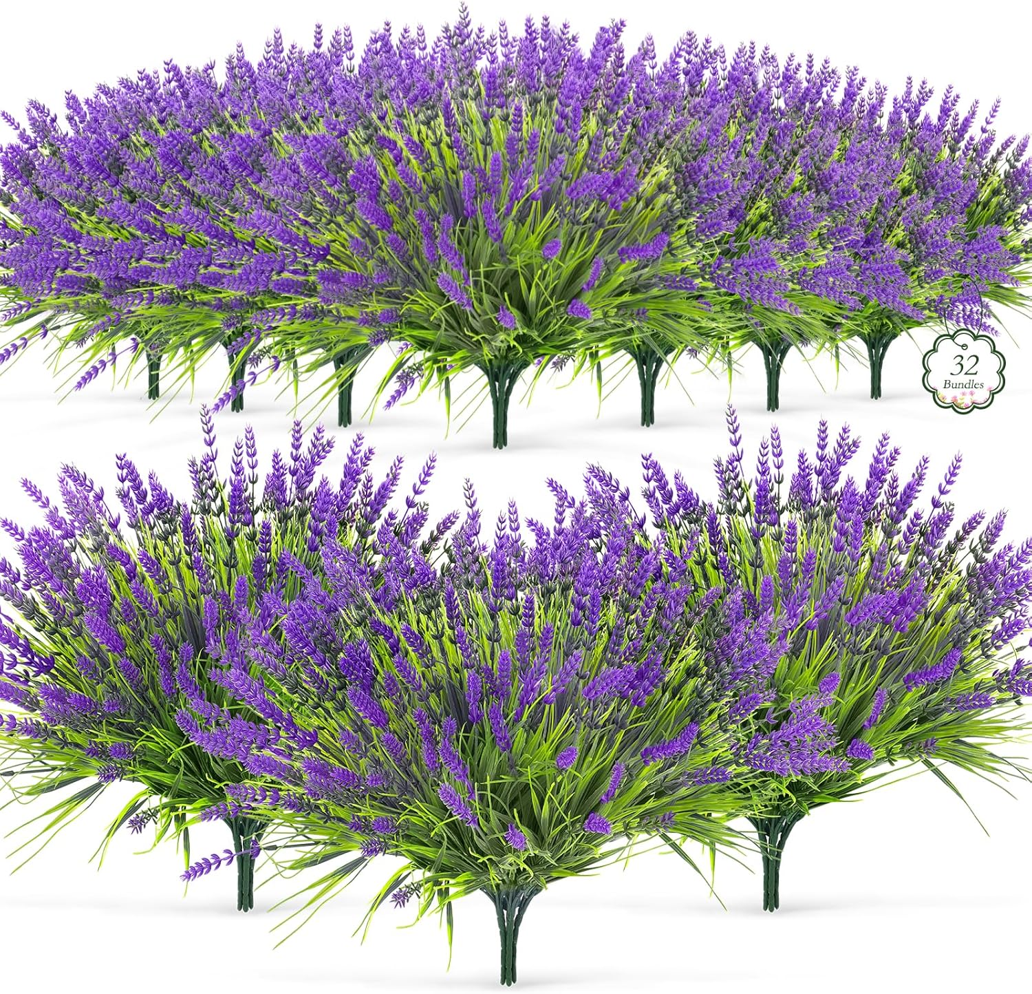Qinzave 32 Bundles Faux Lavender Plants Outdoor, UV Resistant Artificial Lavender Flowers with Monkey Grass for Garden, Patio, Planter, Hanging Basket, Front Porch, Pathway Decor (Purple)