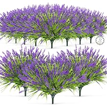 Qinzave 32 Bundles Faux Lavender Plants Outdoor, UV Resistant Artificial Lavender Flowers with Monkey Grass for Garden, Patio, Planter, Hanging Basket, Front Porch, Pathway Decor Purple