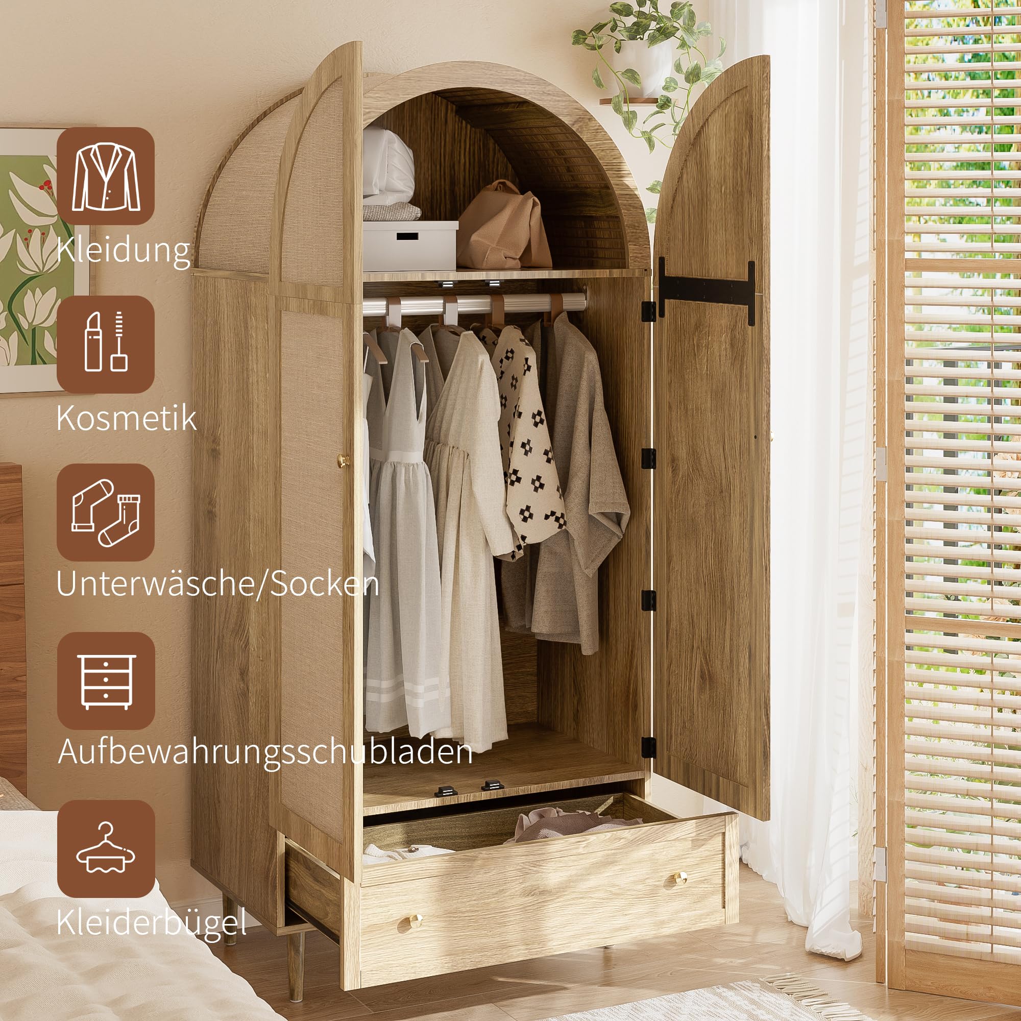 Armoire De Chambre, Armoire en Rotin à 2 Portes avec Grand Tiroir, éTagèRes RéGlables en Hauteur Et Tringle à VêTements, Anti-Basculement 175 X 80 X 50Cm, Chêne