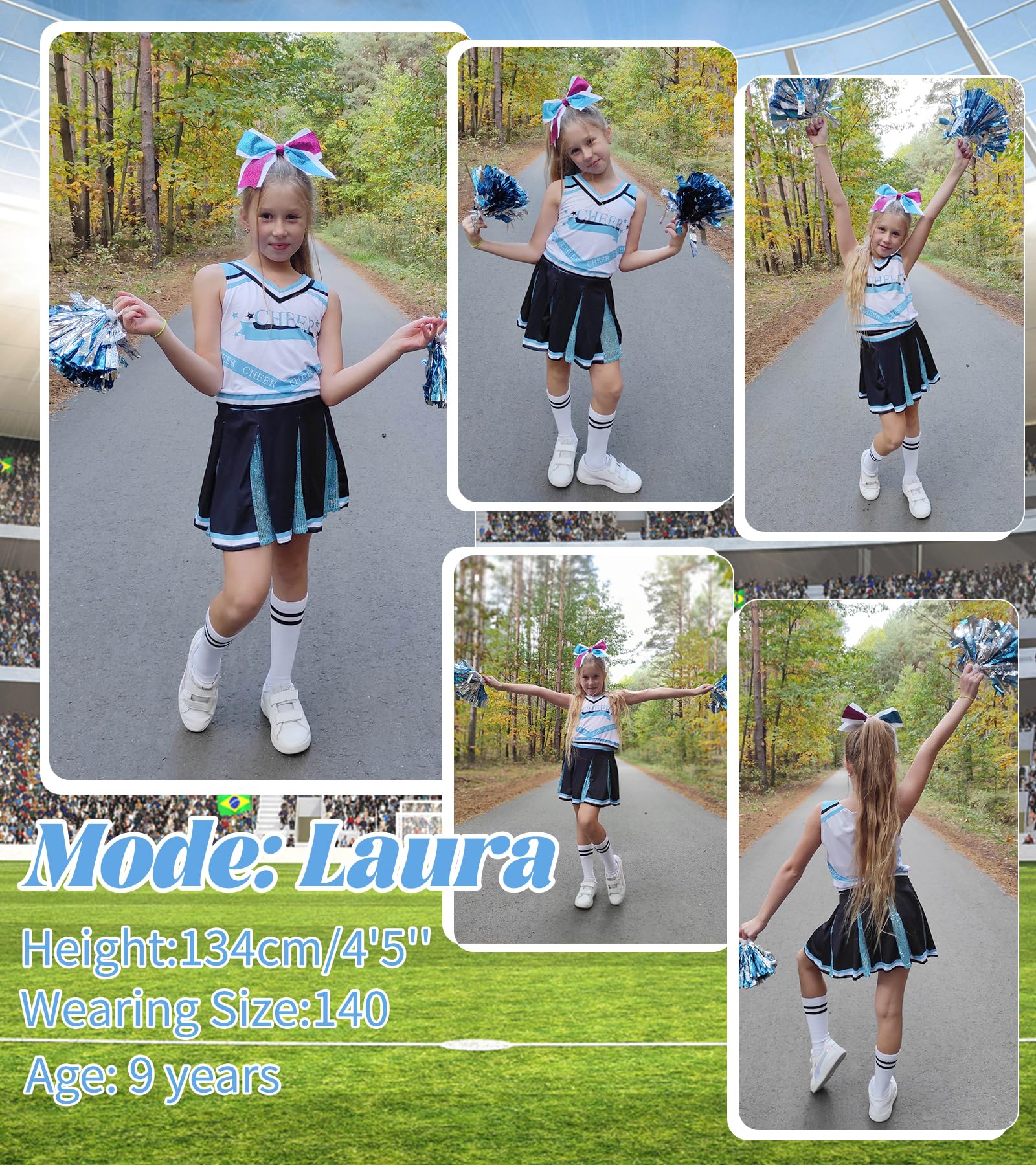 LOLANTA Costume da cheerleader per ragazze, uniforme da cheerleader per bambini con glitter per Halloween | 5 abiti da cheerleader glitterati con calzini e pompon, per Halloween, cosplay, feste in maschera, Natale, 4-15 anni