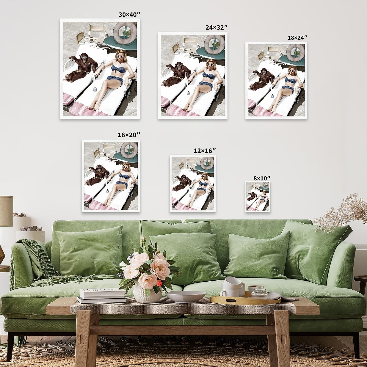 Poster Master Chimpanzee And Woman Sunbathing Canvas - Summer Print - Monkey Art - Photography Art - Gift for Men & Women - Funny Decor for Living Room, Bedroom or Office - 8x10 STRETCHED Canvas
