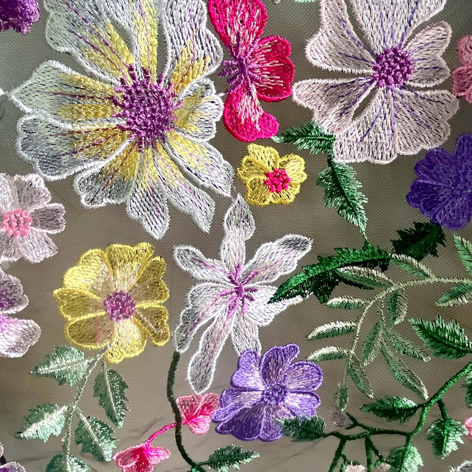 Floral Embroidered Lace Fabric, Pink, Purple, Yellow Flowers on Gray Background (Black mesh, 2 Yard pre Cut)