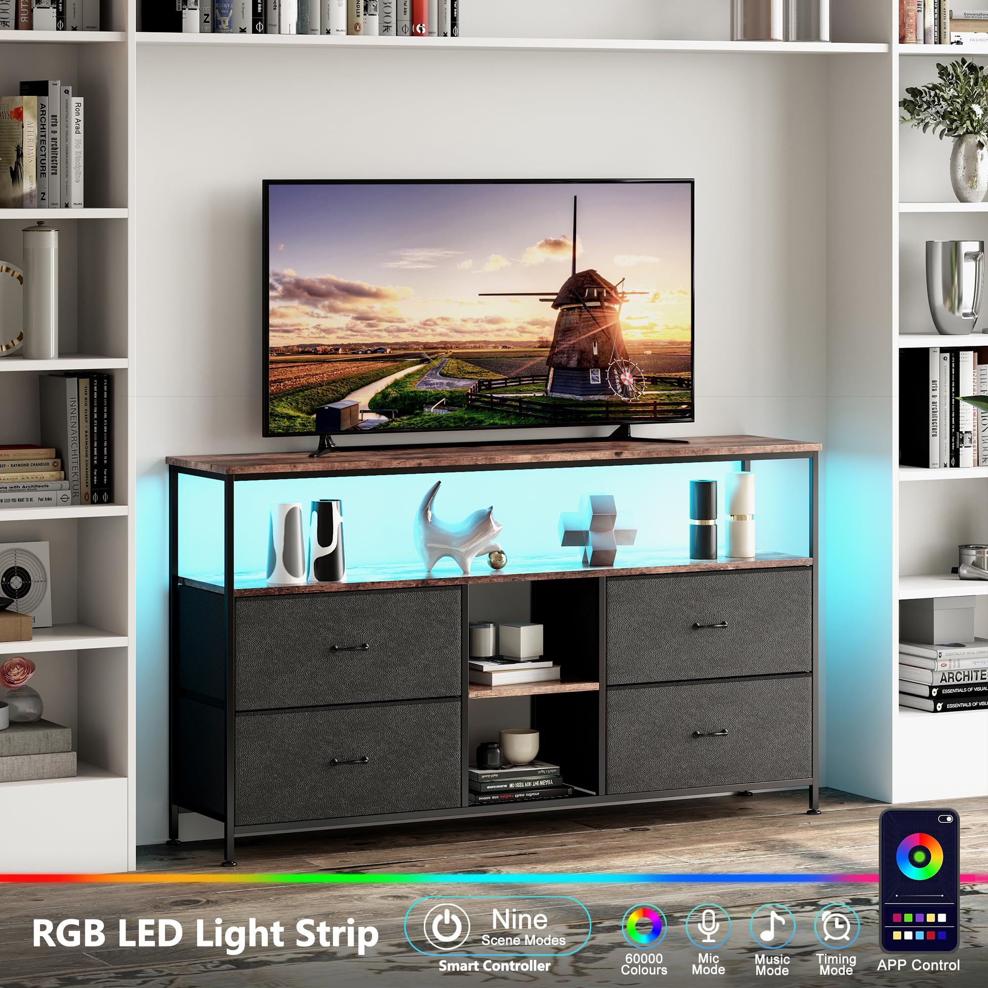MEXUS Meuble TV, LED Meuble Tele Haut, Meuble TV avec Rangement, Etagères Réglables, 4 tiroirs en Tissu, Intégrez Solutions Rangement Optimisez Visionnage Améliorez L'esthétique (Noir, 137cm)