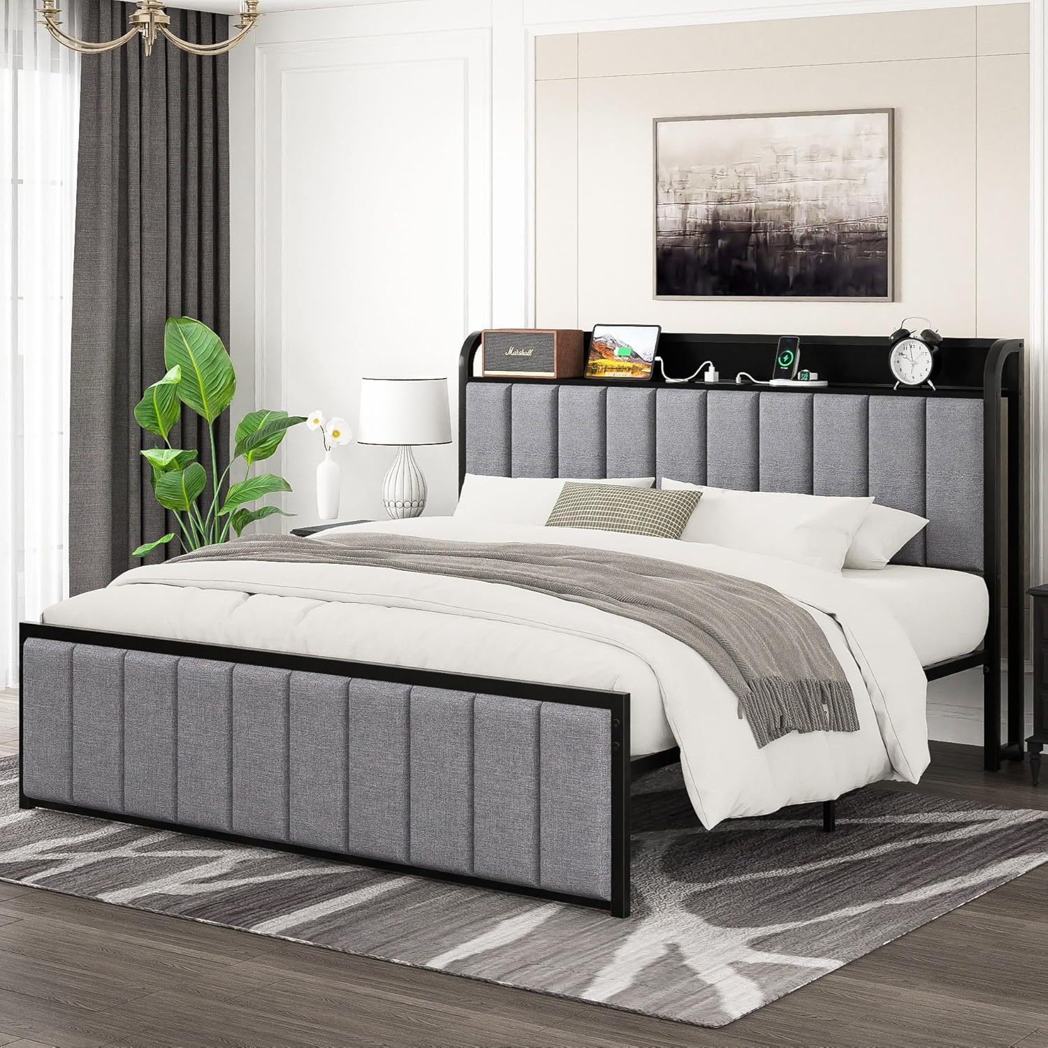 VECELO Queen Bed Frame, Storage Upholstered Headboard with Charging Station, Platform Bedframe, Heavy Duty Metal Slats, No Box Spring Needed, Noise-Free, Easy Assembly, Dark Grey