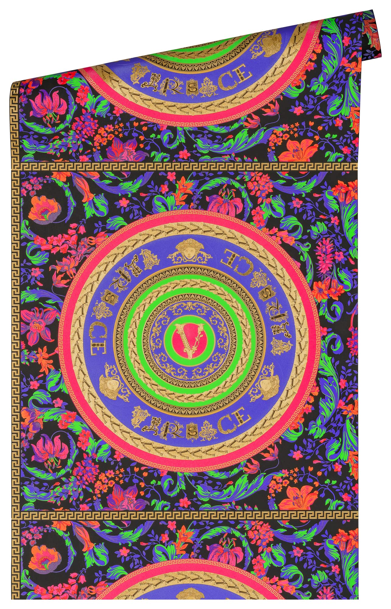 A.S. Création VERSACE WALLPAPER Blumen Luxus Tapete Floral 387051 Bunt Pink Grün Gold Schwarz Ranken Kreise10,05x0,70m Made in Germany