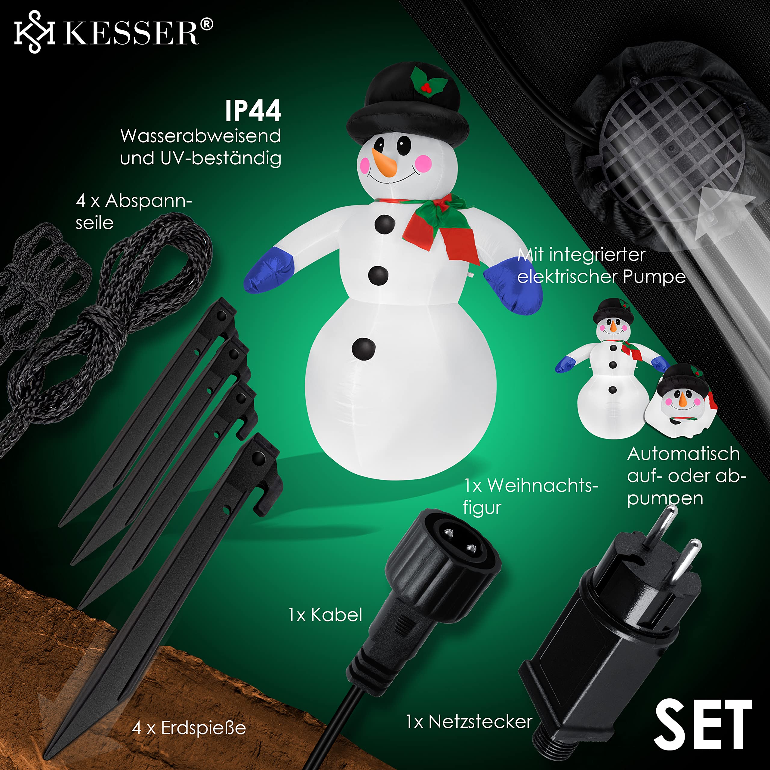 KESSER® Dmuchany bałwanek XXL 240 cm oświetlenie LED materiał mocujący dekoracja bałwanek Boże Narodzenie, dekoracja bożonarodzeniowa, figurka, cicha dmuchawa, odporna na warunki atmosferyczne IP44