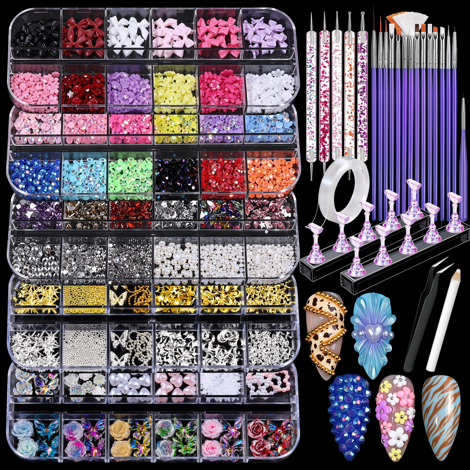 Teenitor Nail Art Tools and Nail Charms Set, Nail Art Kit with 5 Boxes of Nail Charms and Gems, 15 Pcs Nail Art Brushes, 5 Pcs Nail Dotting Tools, 2 Set of Nail Stand
