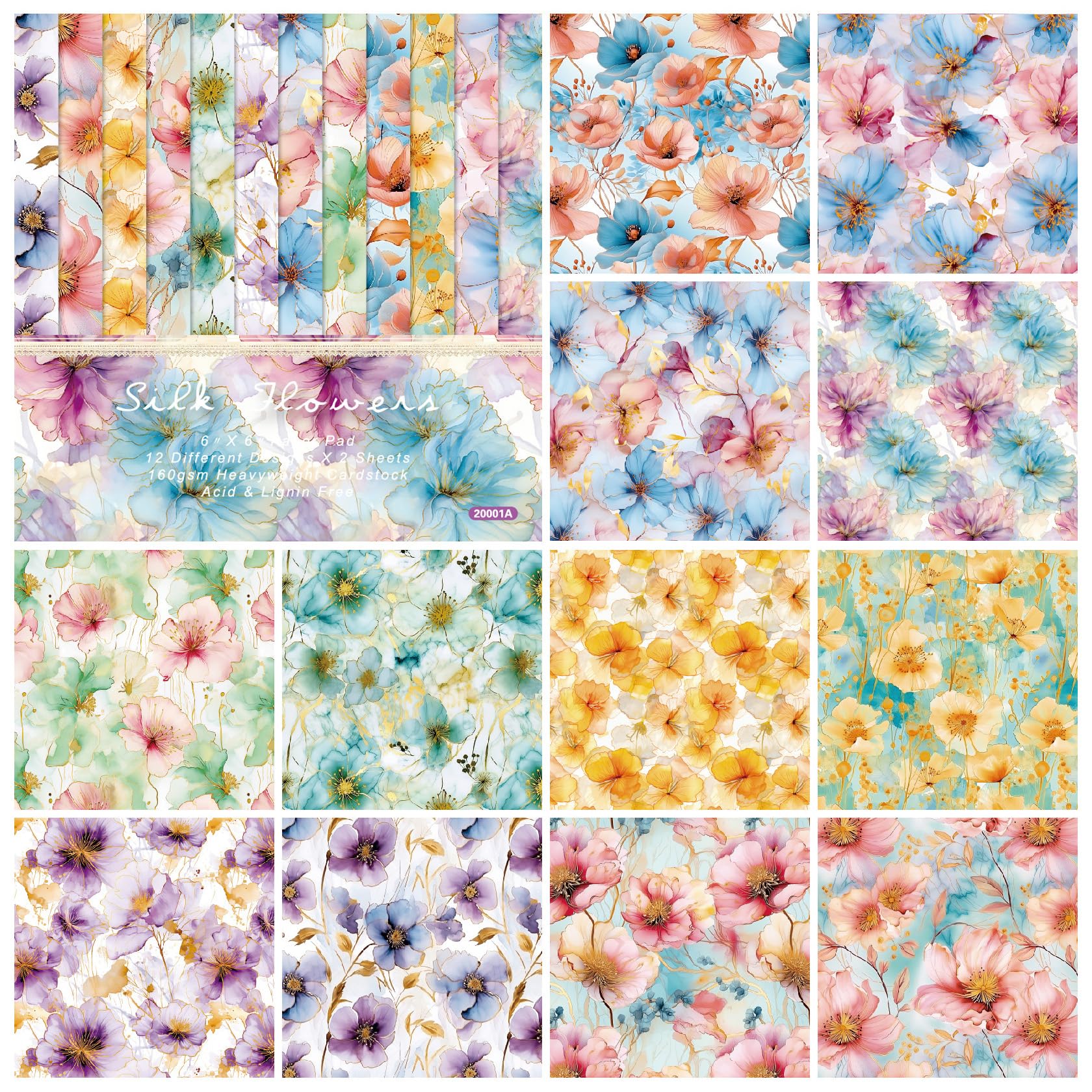 Papier do scrapbookingu, 6"x6", 48 arkuszy papieru z wzorem kwiatów jedwabnych, jednostronny papier wiosenny, 160 g/m2, papier dekoracyjny do robótek ręcznych(148)