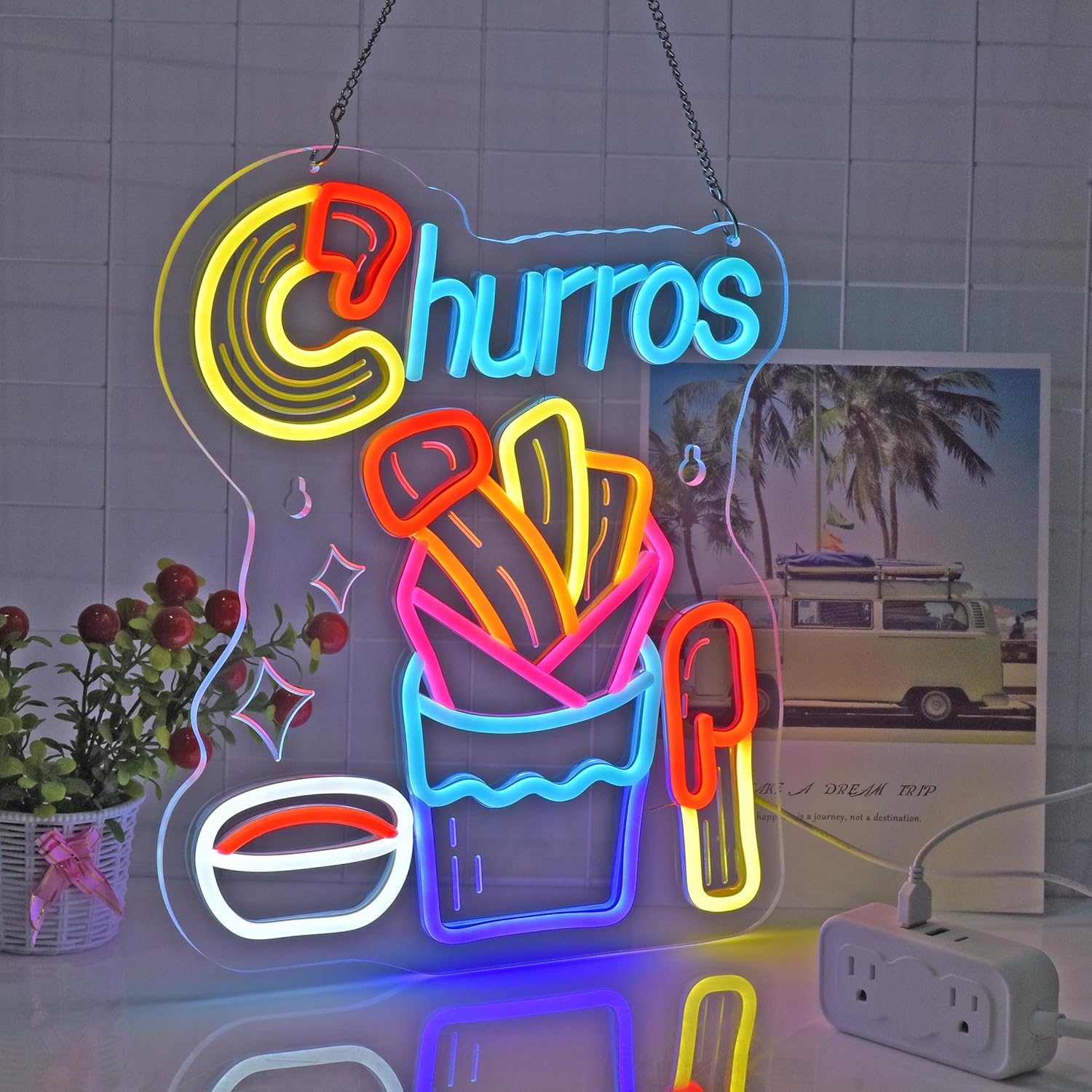 Churros Neon Sign, Neon Lights Hanging Wall Art Decoration for Restaurant Store Food Stand Truck Shop Juice Bar Market Party Home Decor, USB Powered Ultra Bright Dimmable, 15.35 * 12.6inch