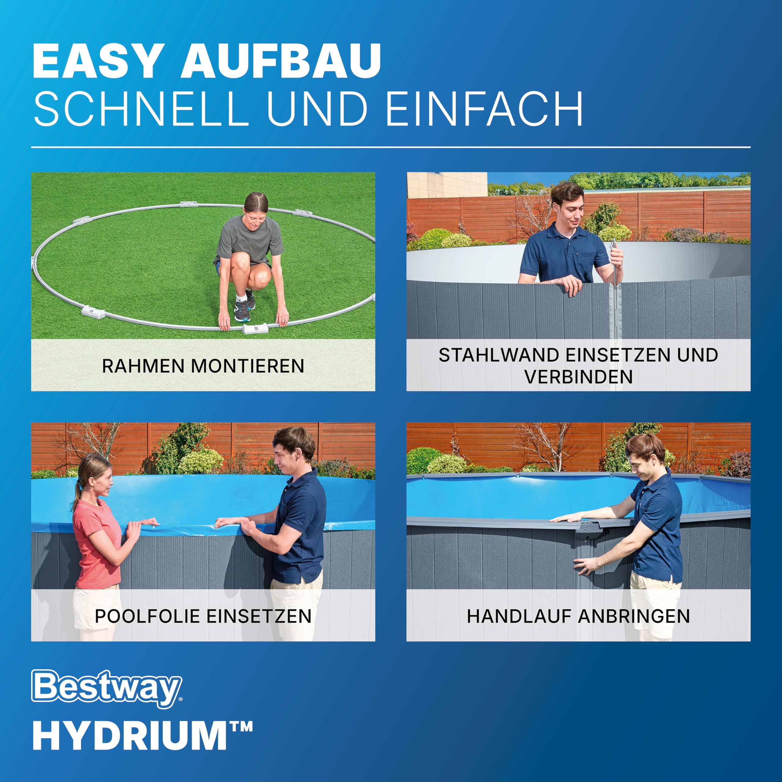 Bestway Hydrium Stahlwandpool Komplett-Set rund 732 x 132 cm Holz-Optik Grau XXL Gartenpool mit Sandfilteranlage