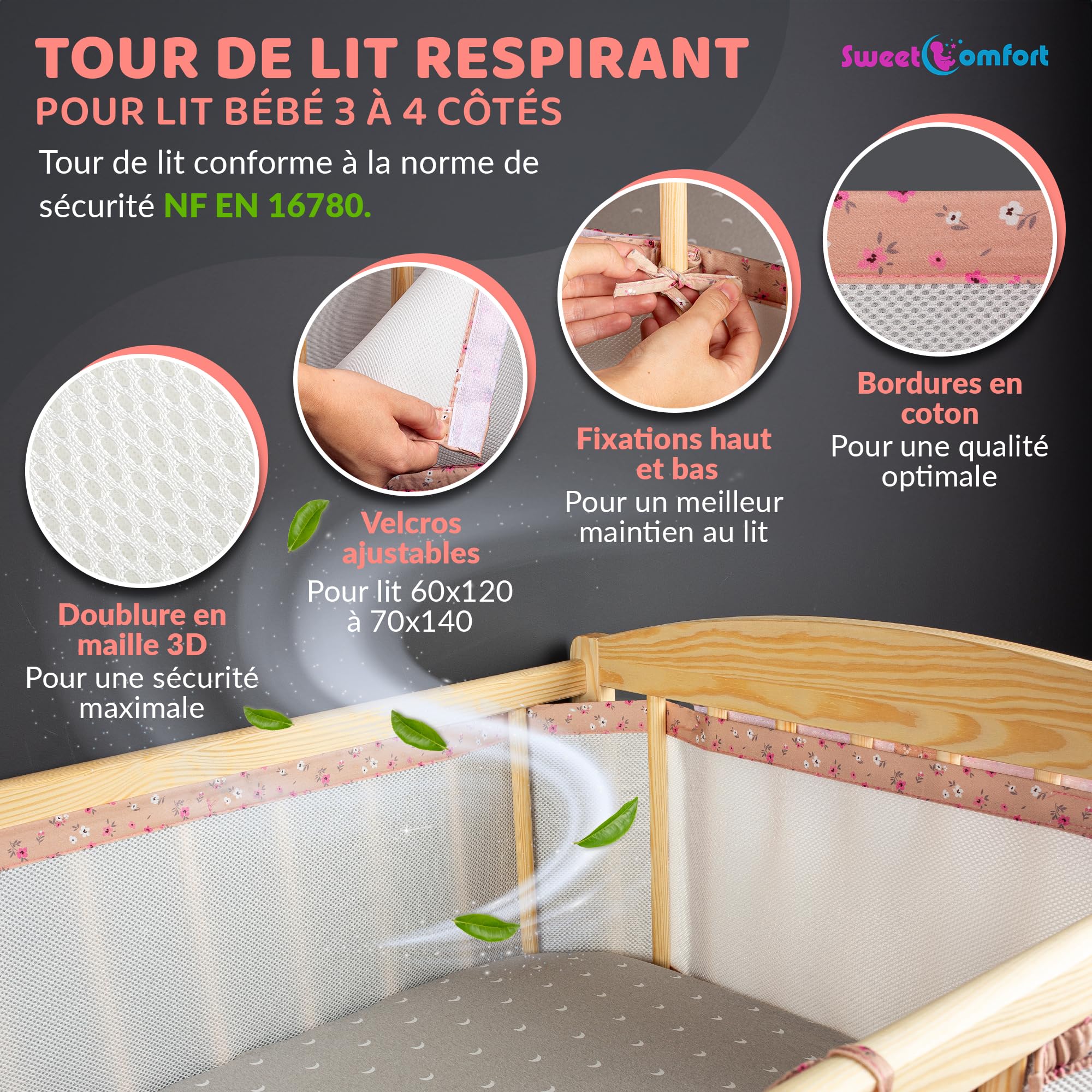 Tour de Lit Bébé Fille avec Pochette de Rangement - Contour de Lit Bébé 60x120 et 70x140 cm à Lattes 3 à 4 Côtés - Tour de Lit Respirant Conforme à la Norme de Sécurité NF EN 16780 - Rose Floral