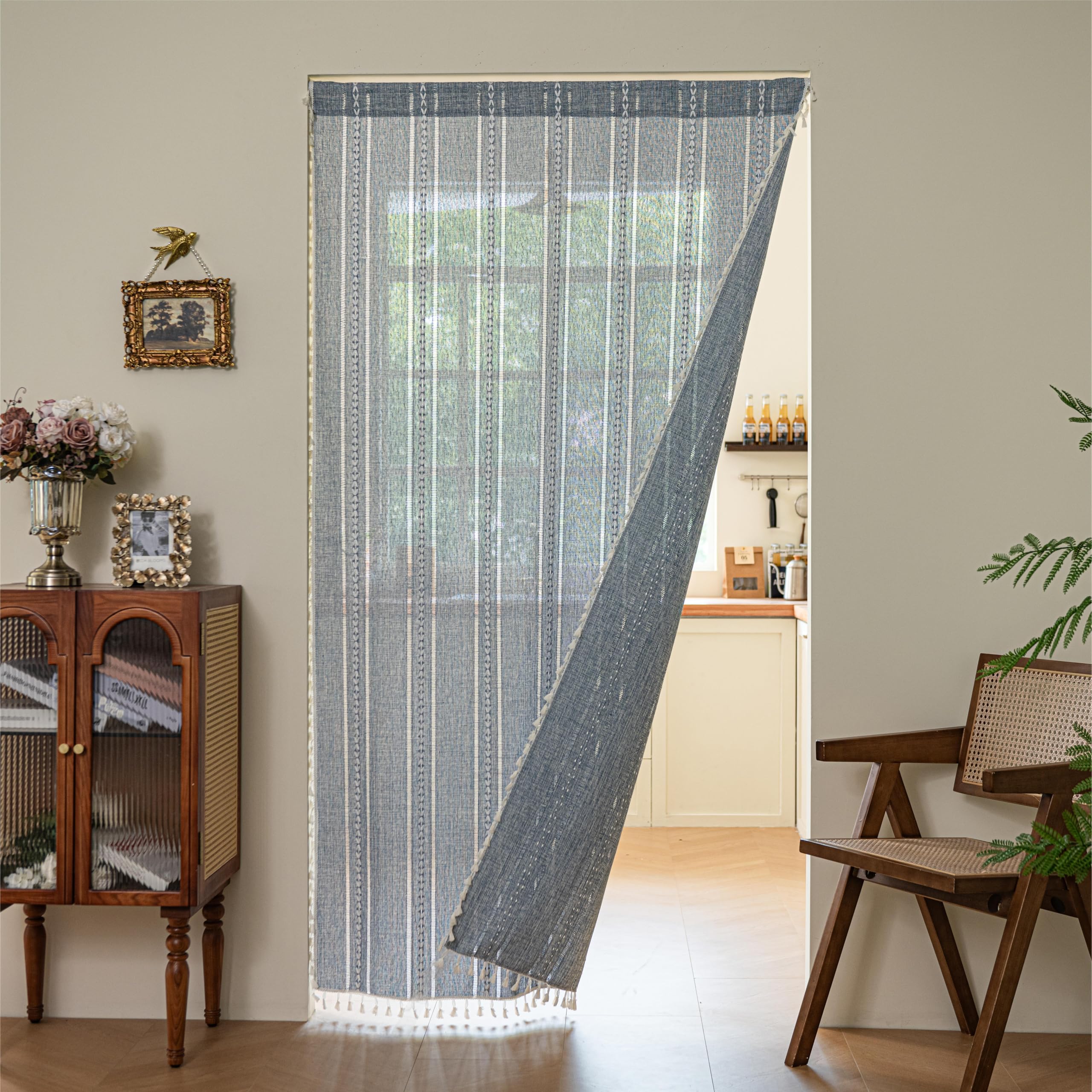 Sutuo Home Blue Boho Door Curtains for Doorway, Bohemian Semi Blackout with Tassels Privacy Embroidery Drape Decor for Temporary Room Dividers Bedroom Living Room, Rod Pocket 1 Panel 37" W x 80" L — image 1