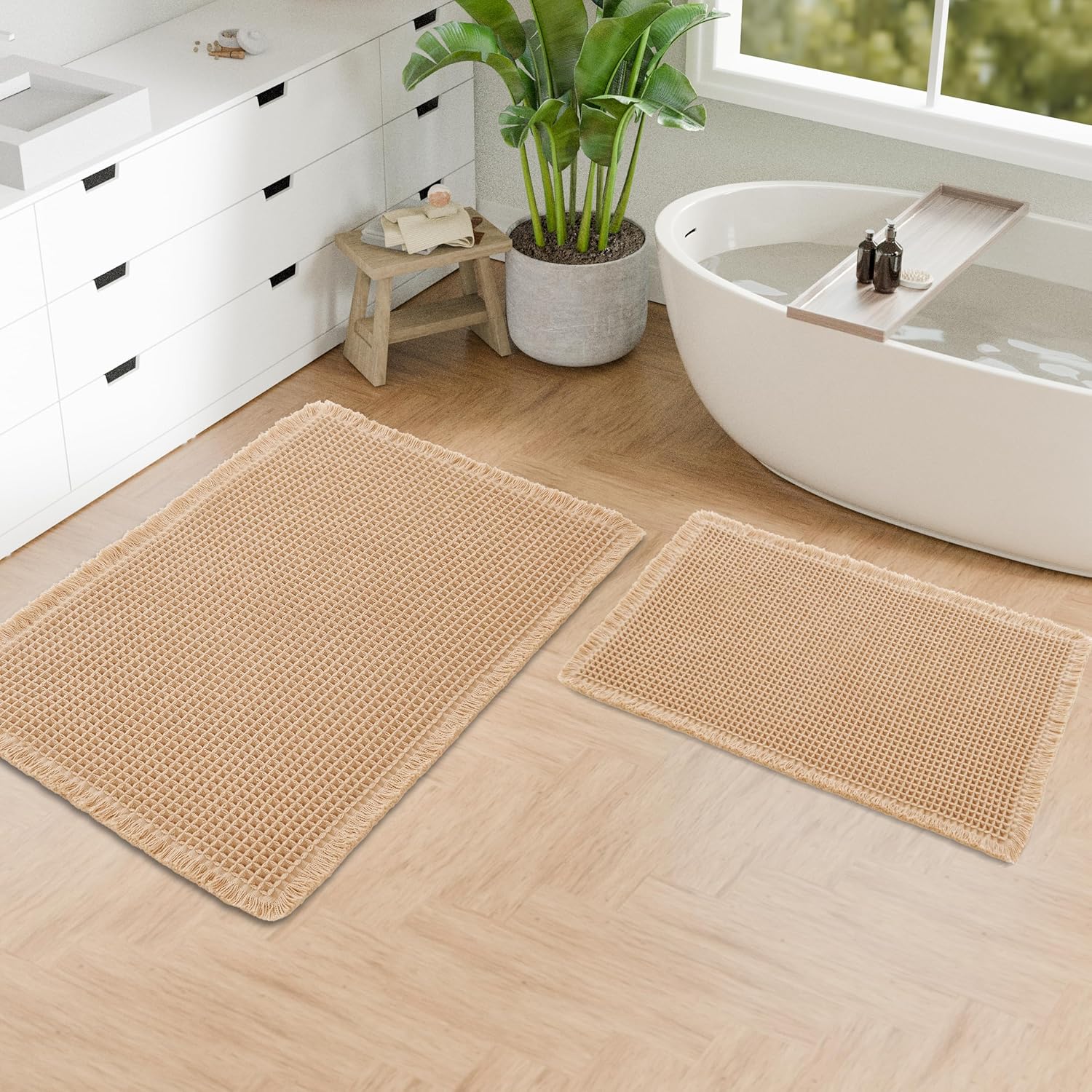Hiasan Set of 2 Waffle Bath Mat, Super Absorbent Non Slip Bathroom Boho Rug with Tassels, Machine Washable Bath Mats for Bathroom, Ultra Soft Rubber Backed Rug, Brown, 16" x 24" + 20" x 32"