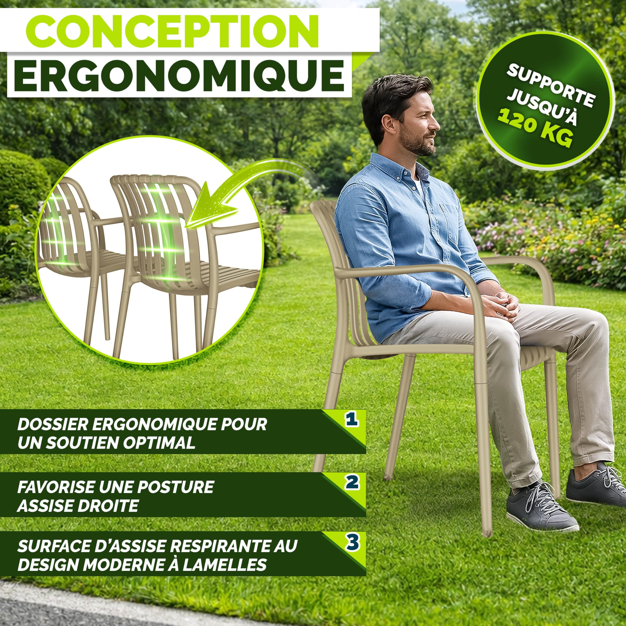 tillvex Lot de 4 chaises de Jardin, empilables, résistantes aux intempéries, avec accoudoirs, Charge maximale : 120 kg, pour extérieur, Balcon, Jardin, terrasse