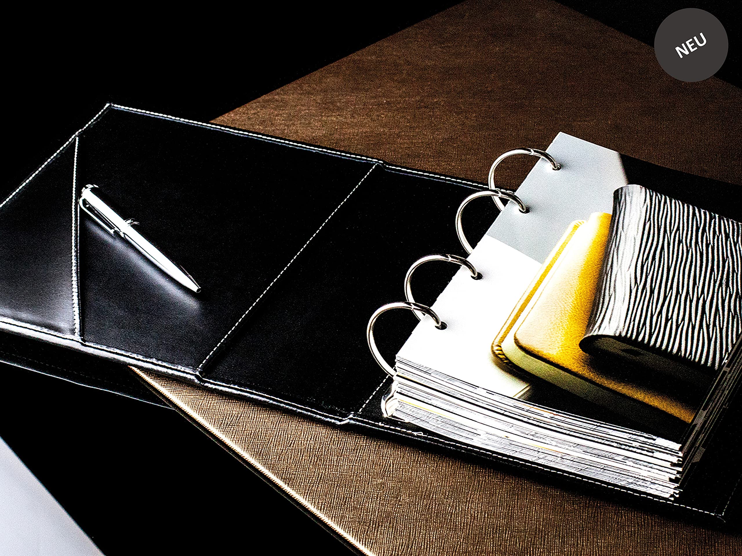 DELMON VARONE - Personalisierbarer Ringbuch-Ordner DIN A5 XXL Premium Cambridge Top Grain Leder Schwarz - Echtleder Dokumenten-Mappe zum Abheften von Urkunden & Akten - Ringbuch-Mappe mit Einsteckfach