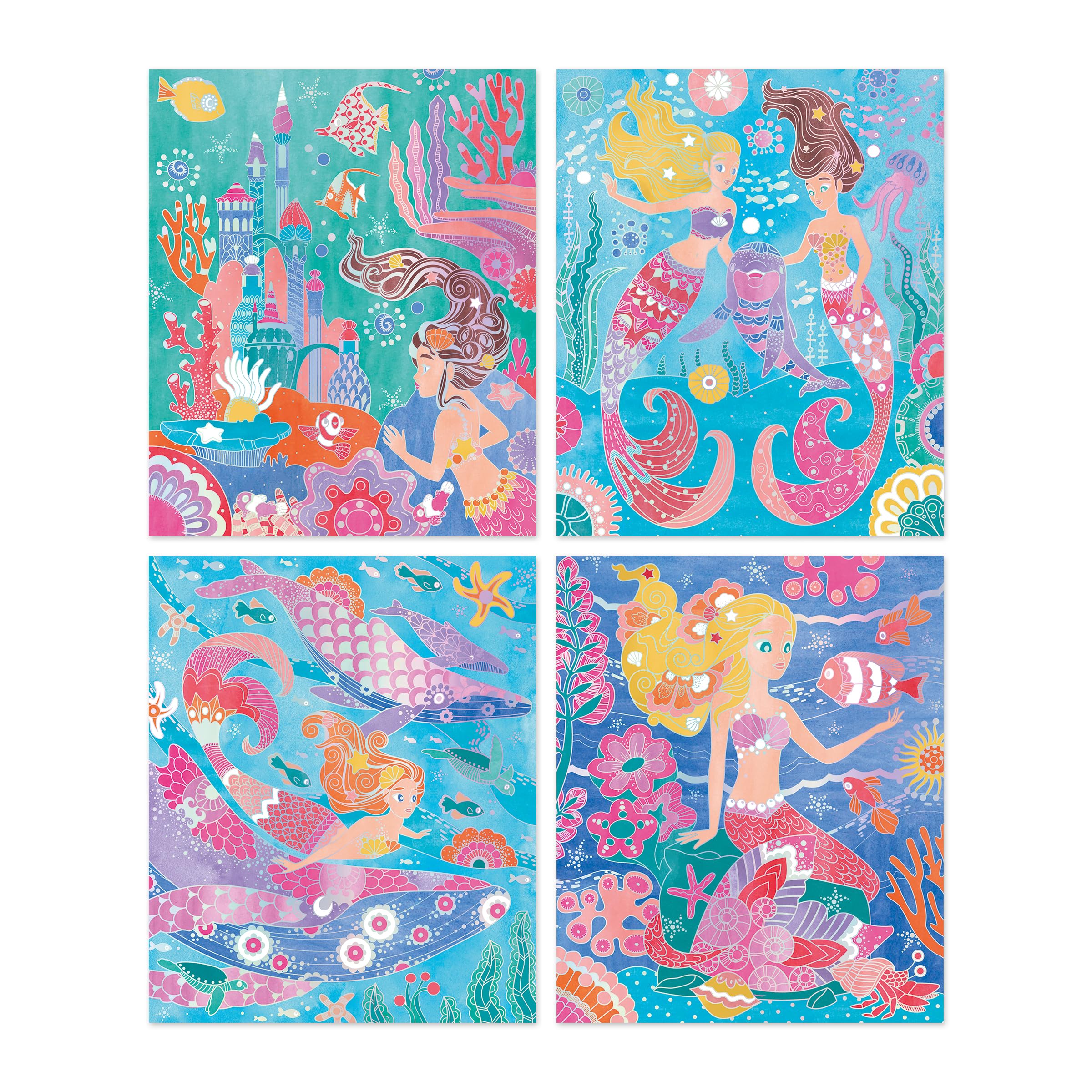 Janod, 4 Paintings with Silver Lines, Watercolor Painting, Mermaid Theme, Magic Ocean, Children's Creative Leisure Kit - Image 2